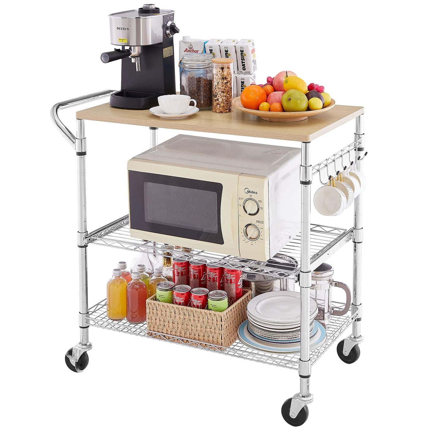 3 Tier Rolling Kitchen Cart with Wood Tabletop, Kitchen Island Carts with Wheels & Slider Shelf, Microwave Cart on Wheels, Coffee Cart with Hooks, 35.4" L*18.1" W*31.9" H,Wood+Chrome