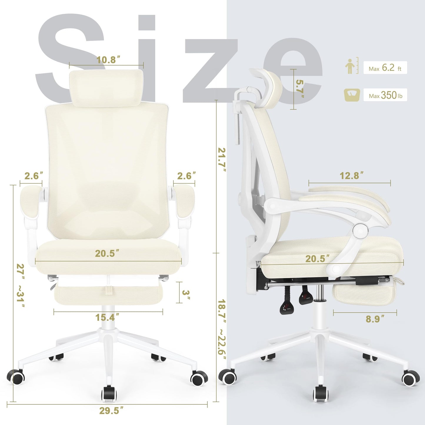 Misolant Ergonomic Office Chair with Footrest, Ergonomic Desk Chair with Adjustable 2D Lumbar Support, High Back Computer Chairs with Adjustable Headrest, Beige Comfortable Executive Office Chair