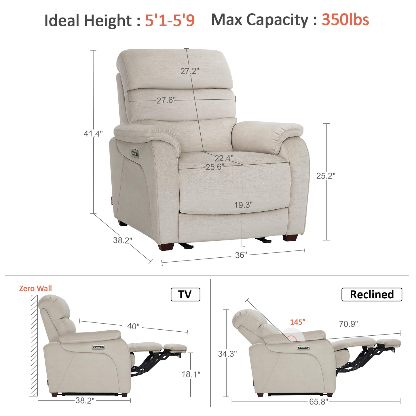 MCombo Power Zero Wall Hugger Recliner Chair for Small Space RV Living Room, Power Recliner with Adjustable Headrest, USB & USB-C Charging Ports, Fabric ST257 (Beige)