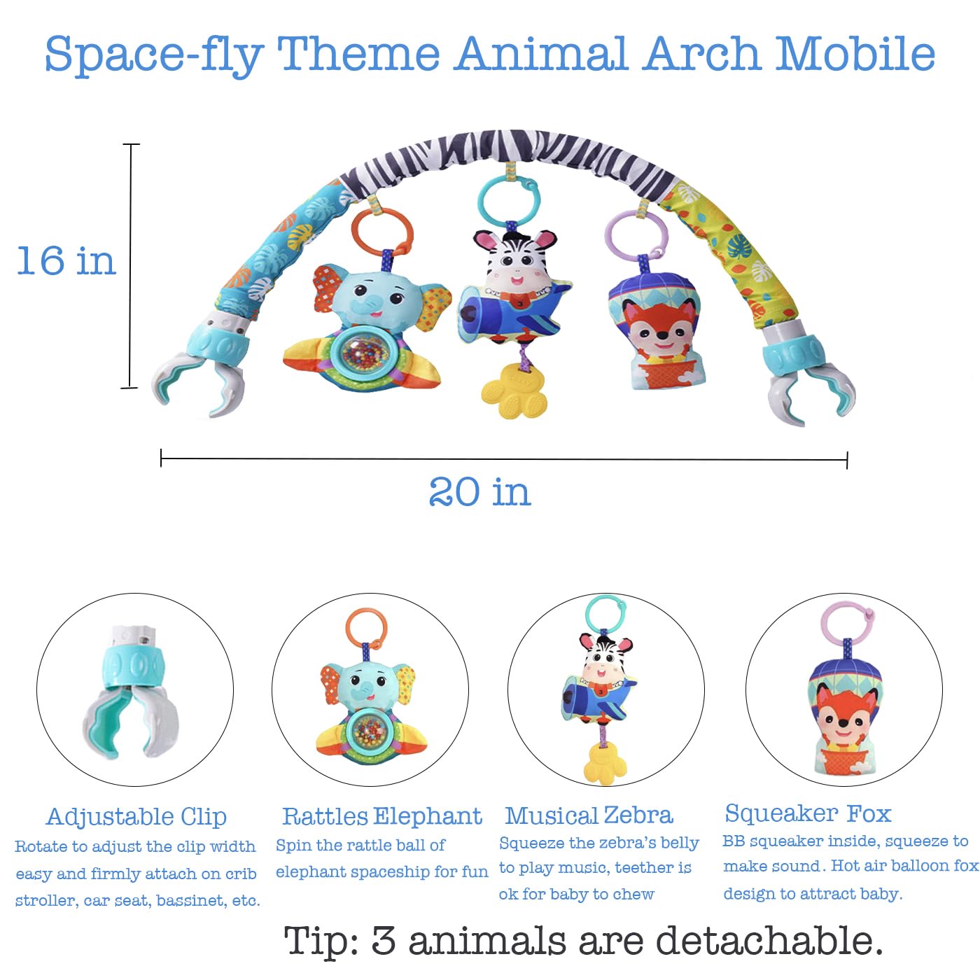Baby Stroller Arch Mobile With Universal Clamps - Clip-On Activity Bar for Bassinet, Bouncer, Crib, Car Seat - Musical Infant Toys With Elephant Squeaker and Zebra Rattle