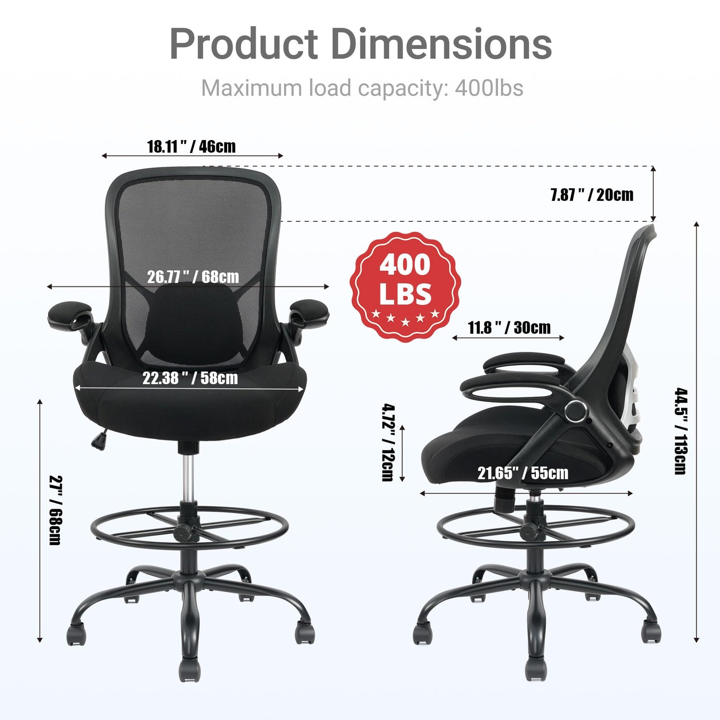 HYLONE 400lbs Big and Tall Heavy Duty Drafting Chair 5" Thickened Seat Tall Office Chair Flip-Up Armrests Ergonomic Chair with Lumbar Support and Adjustable Footrest Ring Standing Desk Chair (Black)