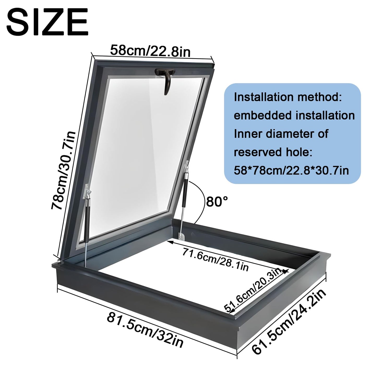 Skylight House Roof Window, Underground Lighting Well Window with Double Layer Tempered Glass, Flush Mount Roof Access Hatch Security Door, Venting Deck Viewing Window Cover for Sunroom (58cm/22.8in)
