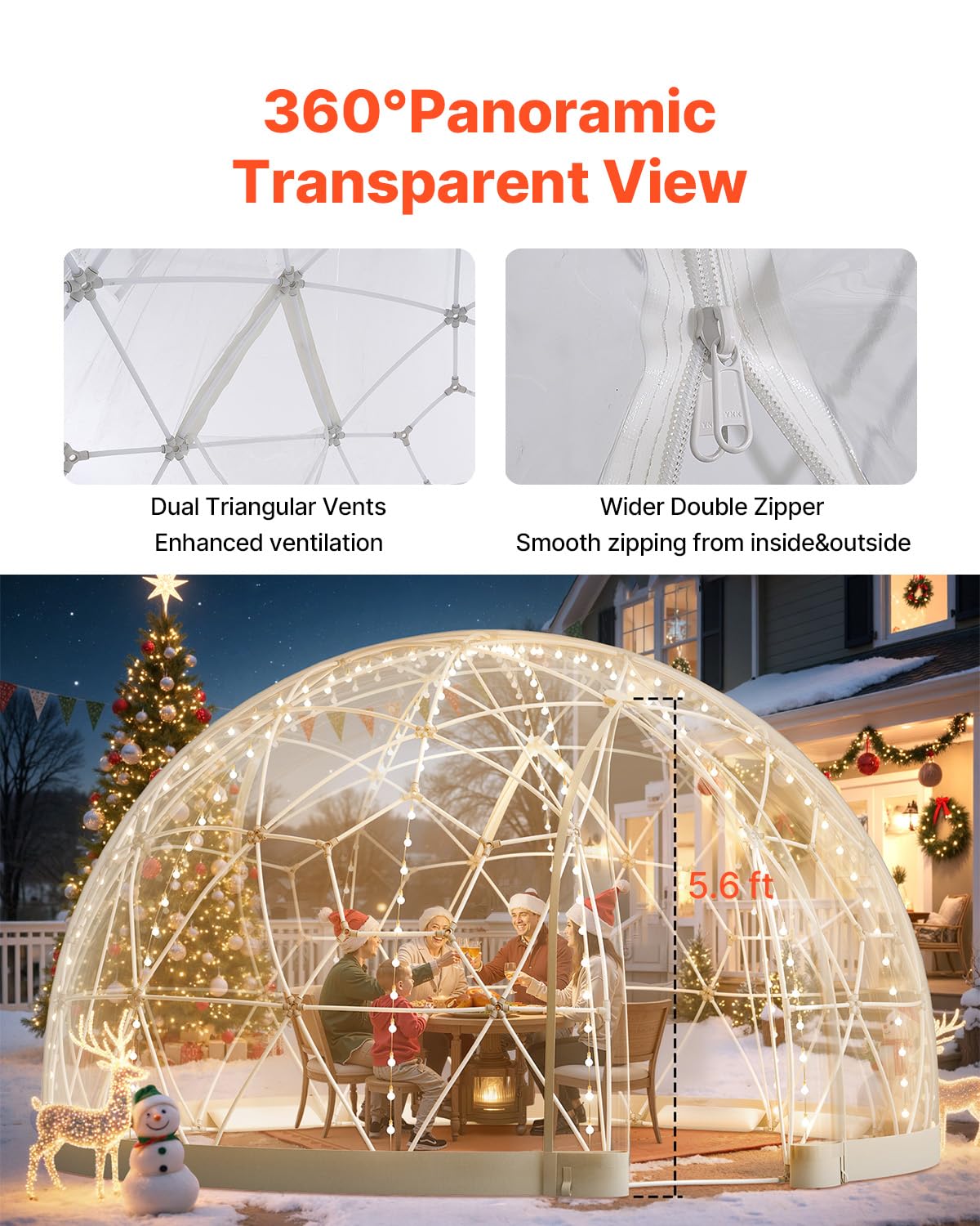 VEVOR Garden Dome Tent, 12 x 7.2 ft Clear Bubble Tent House for 4-7 Person, Waterproof PVC Geodesic Dome Greenhouse with Ventilated Window, Outdoor Igloo Tents for Patio Backyard Party Camping