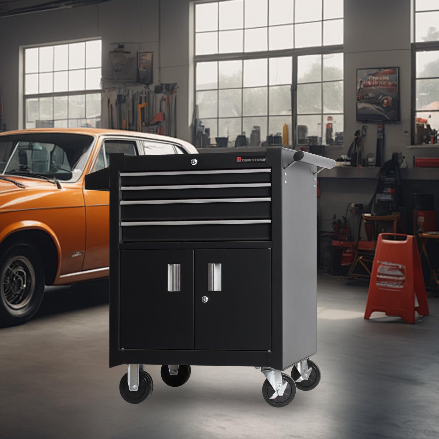 TANKSTORM 26" Professional Tool Chest Heavy Duty Cart Steel Rolling Tool Box with 4 Lockable Drawers and Doors/Profossional Grade (TZ64-BK)