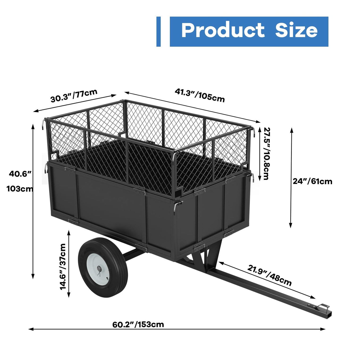 Heavy Duty 750 LBS Utility Trailer – 17 Cu Ft ATV Dump Trailer with Removable Sides, Pneumatic Tires & Quick-Dump Pull-Behind Yard Cart for Tractors, UTV, Lawn Mowers