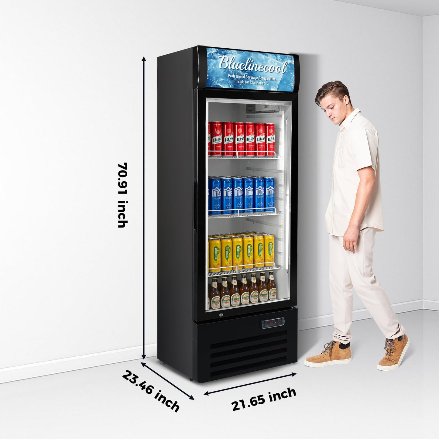 Bluelinecool Commercial Refrigerators 9 Cu.Ft Upright Merchandiser Drink Cooler – Glass Door Beverage Fridge with LED Light, Adjustable Shelves, Lock Wheels – Display Refrigerator for Beer, Bar, Shop