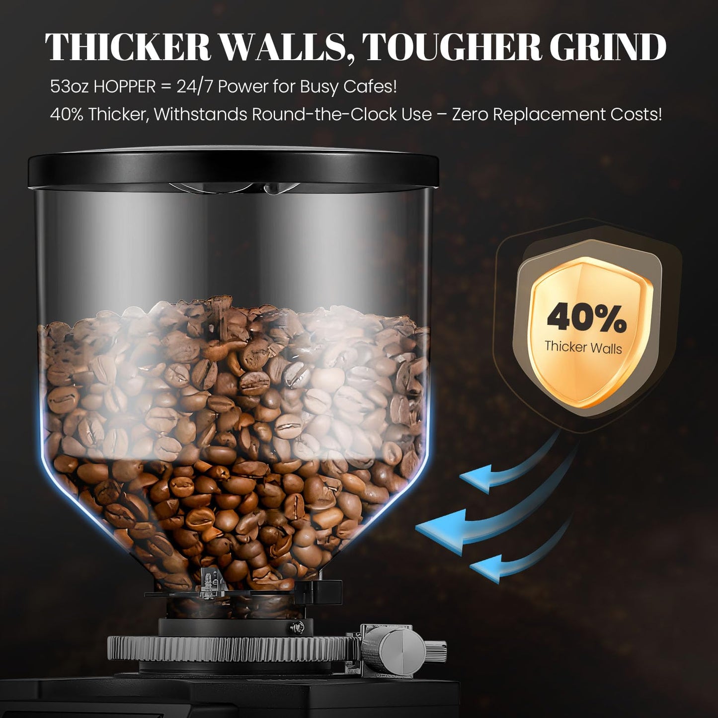 Huanyu Commercial Coffee Grinder with 74mm Flat Burr Reinforced 53oz Bean Hopper (40% Thicker), 15 Stepless Grinds, Touch Screen Black