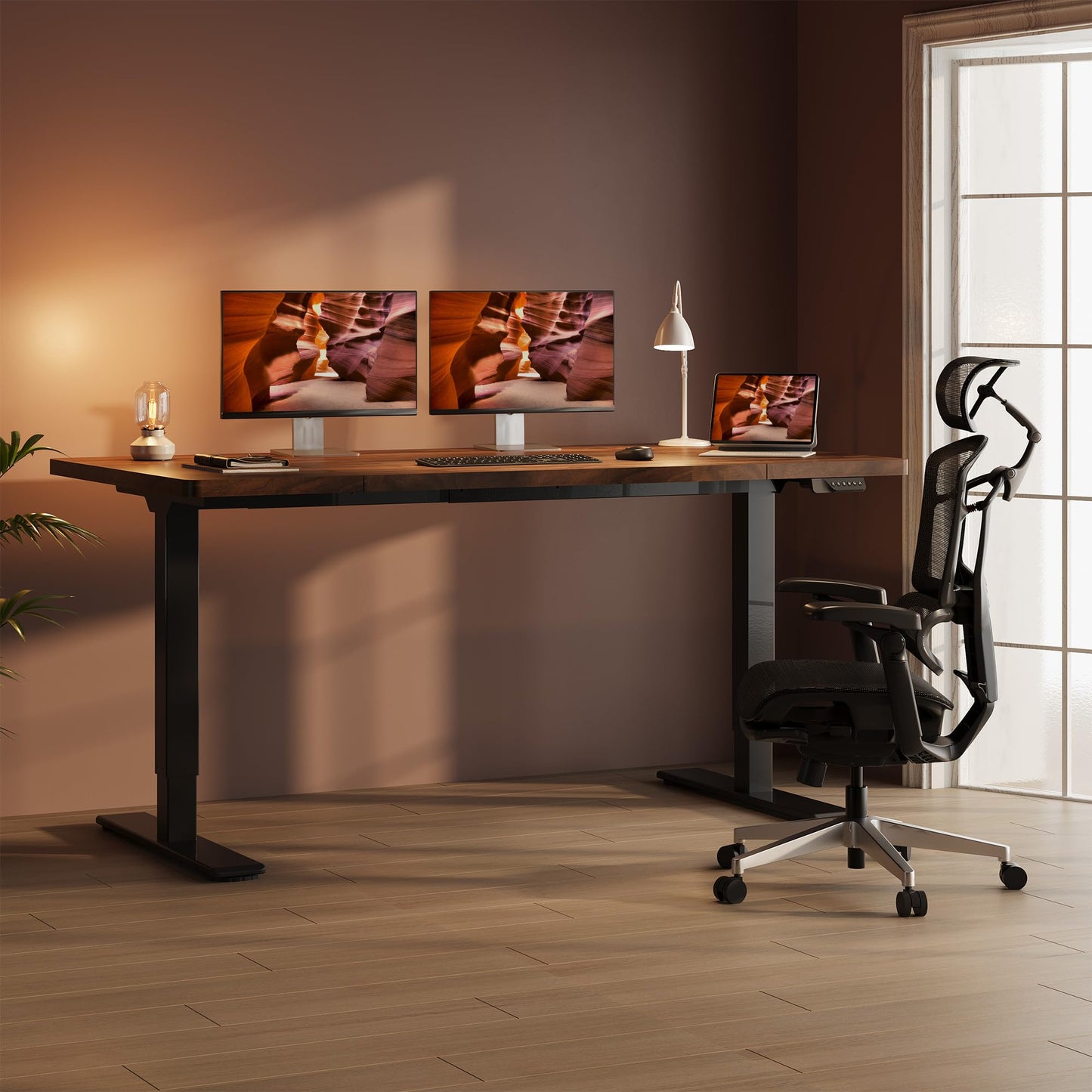 FitStand Dual Motor Standing Desk, Large Stand Up Desks, 79x31 Inches Electric Sit Stand Desks, 4 Memory Preset Adjustable Height Computer Table for Home Office with Splice Board (Brown)