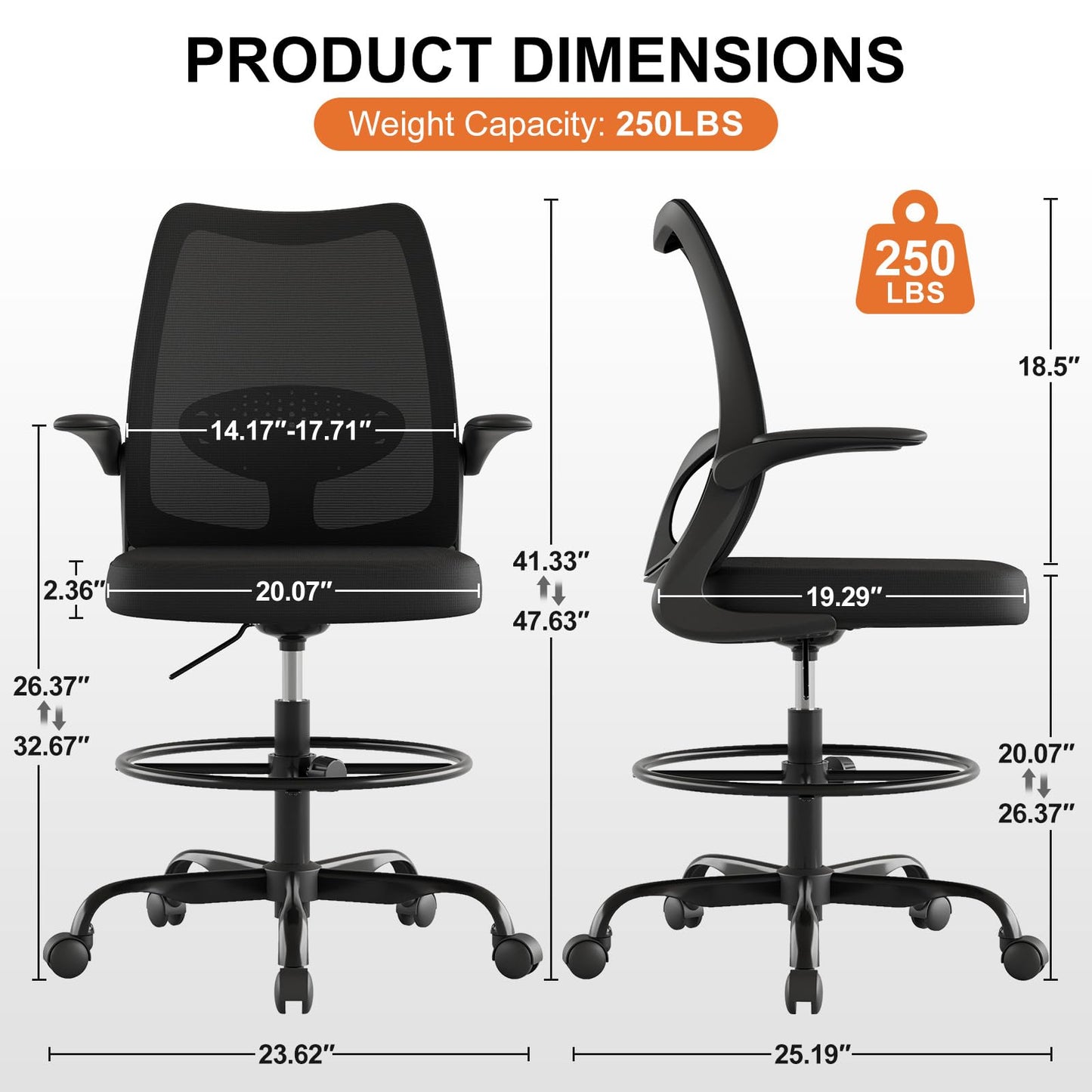 BERYTH Tall Office Chair for Standing Desks,High Desk Drafting Chair with Adjustable Footrest Ring,Ergonomic Lumbar Support,Flip-Up Armrests for Home Office,Black