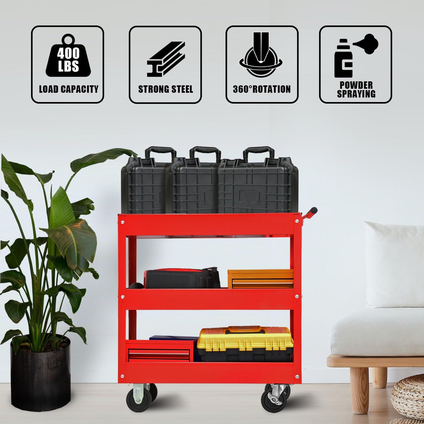 BIG RED Steel Rolling Service Tool Cart with 3 Tires , Heavy Duty Utility Cart on Wheels with Two Brake for Office,Kitchen,warehouse,400 lbs Capacity,Red