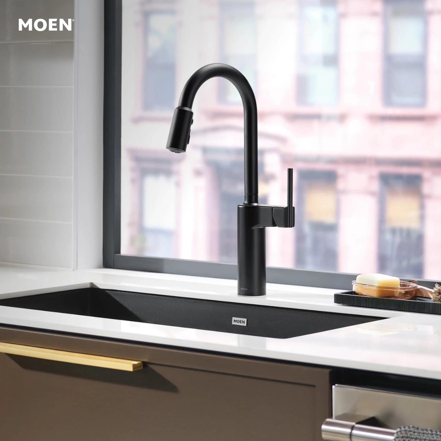 Moen Inara Matte Black Pulldown Kitchen Faucet with Power Boost, Modern Kitchen Faucet, One-Handle High Arc, Easy Installation, 87463BL