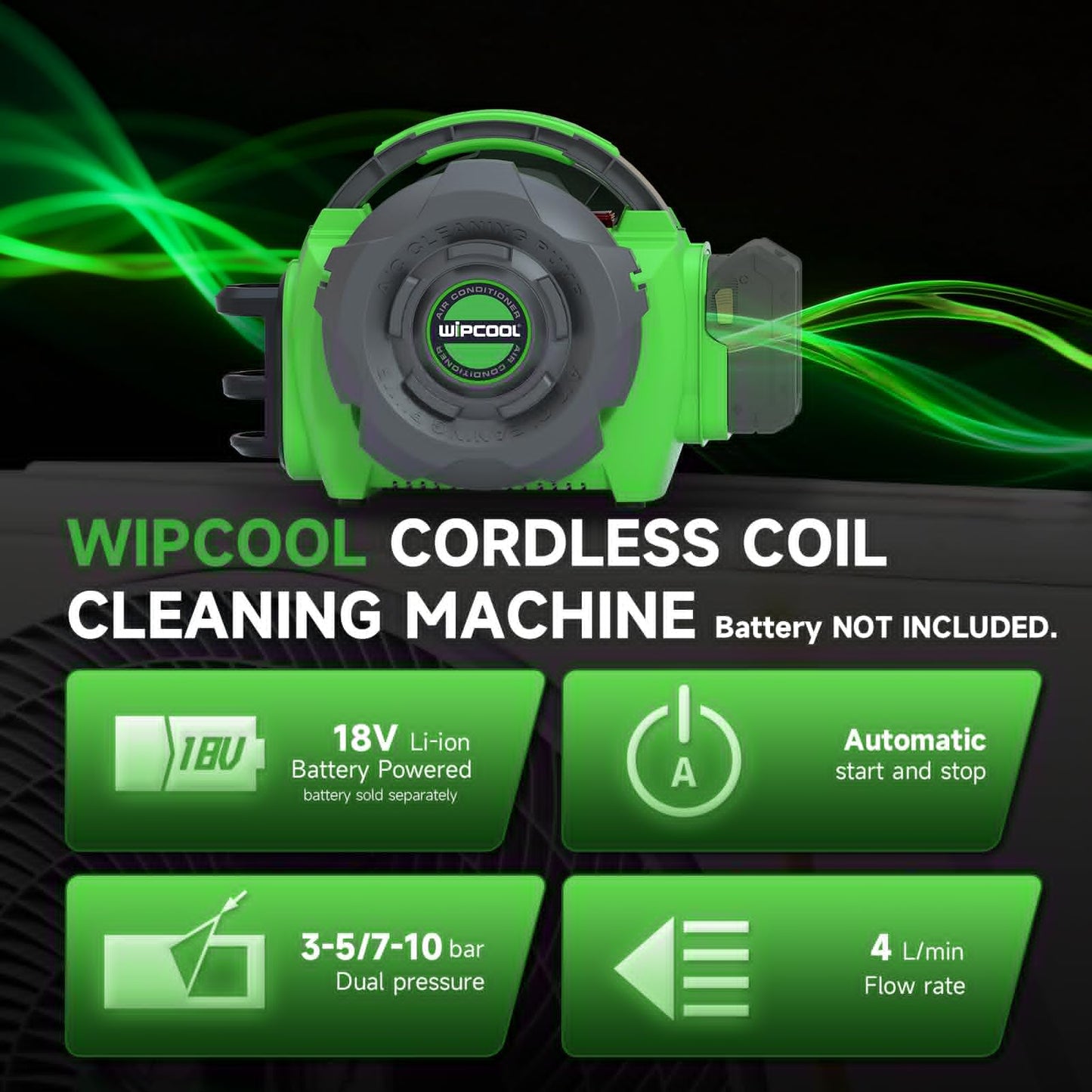 WIPCOOL Portable HVAC Cordless Coil Cleaning Machine, 18V Lithium-Ion 80W Electric Pressure Washer Jet Cleaner, Flow Rate 4L/min 44-73/102-145 psi Dual Pressure