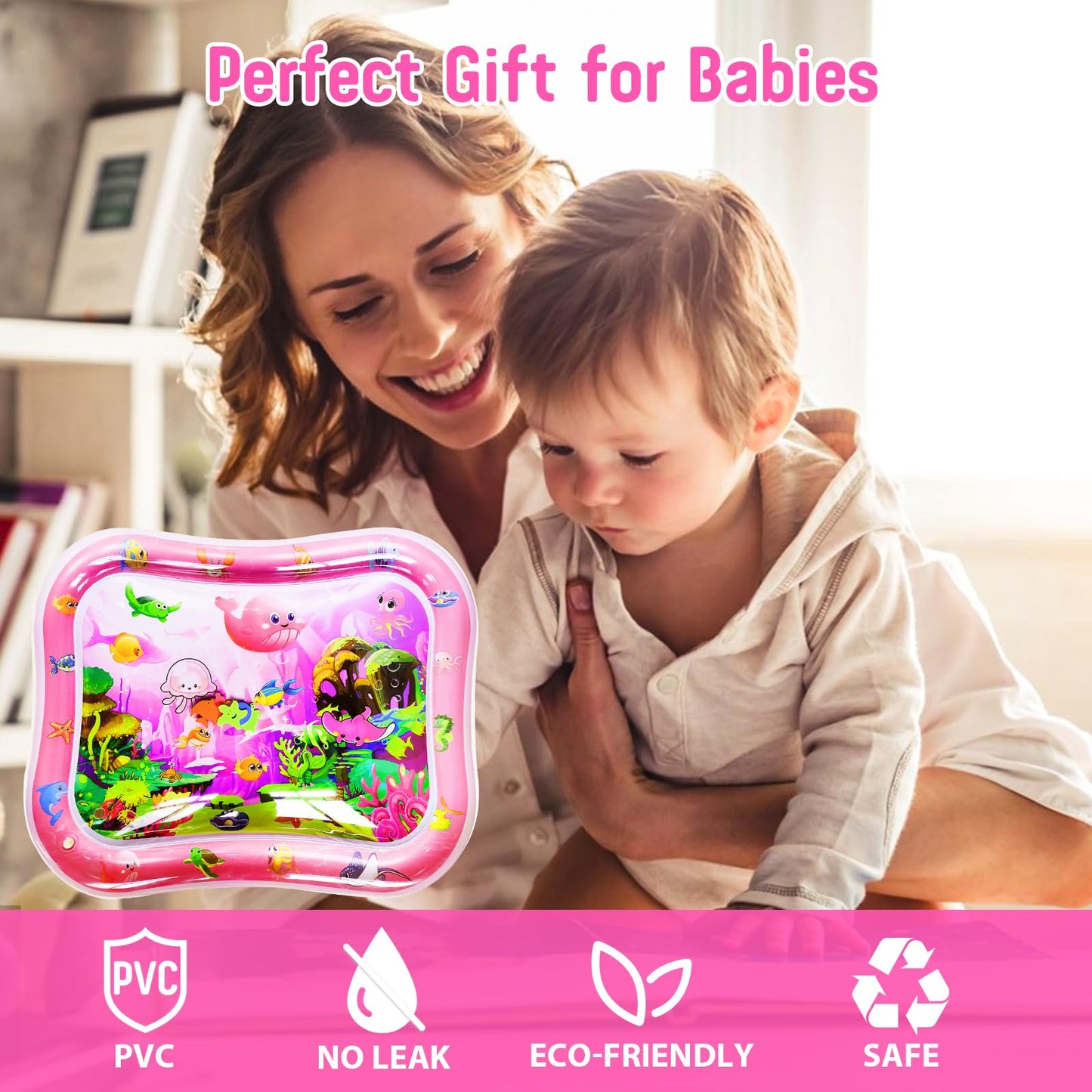 GARNHLOB Baby Water Mat Large 37.4"x29.9", Safe Inflatable Tummy Time Water Play Mat for Infants & Toddlers with Climate Pledge Friendly, Newborn Sensory Water Pad for Christmas Gift (Pink)