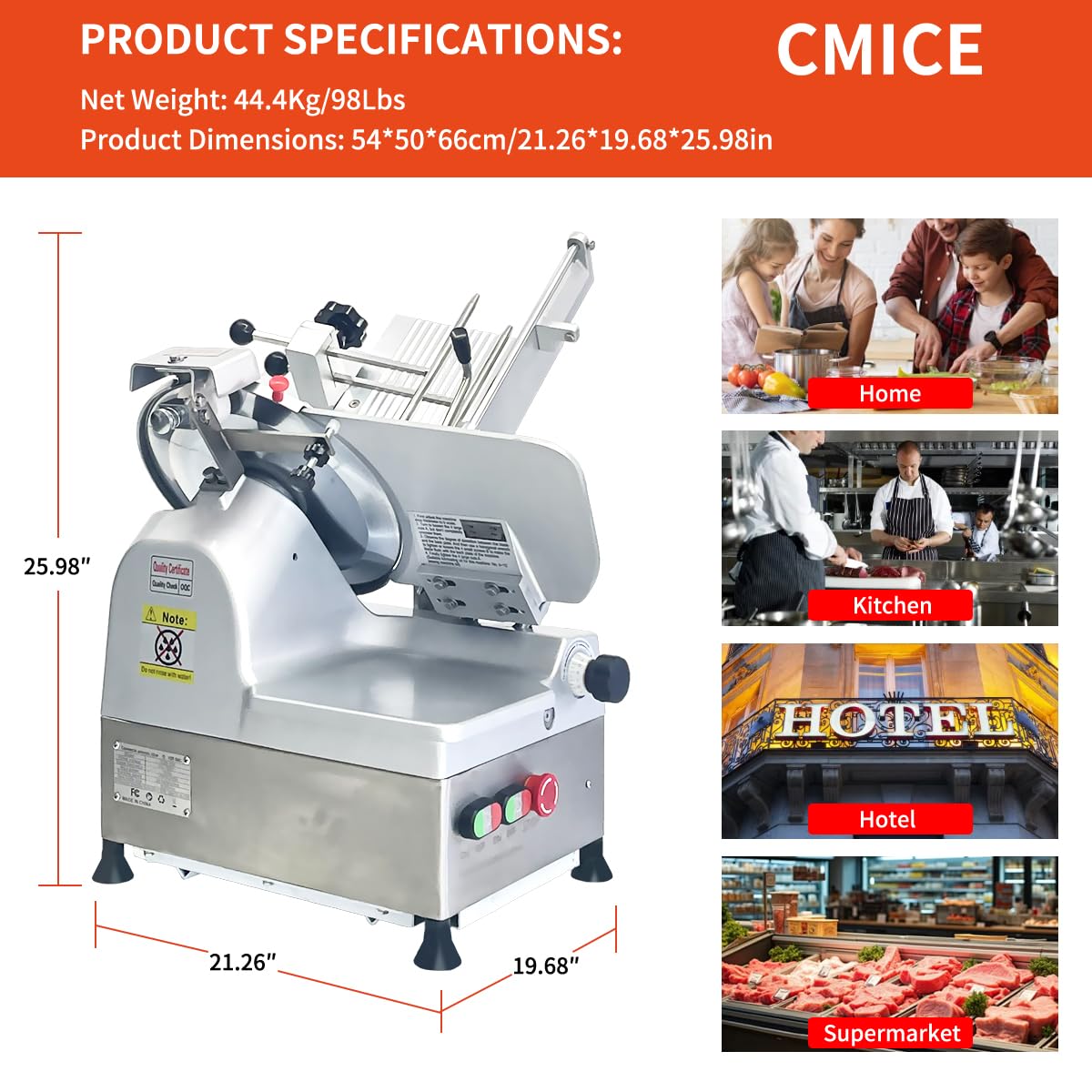 CMICE Automatic Commercial Meat Slicer, 550W Automatic Meat Slicer with 11.8" Carbon Steel Blade, Adjustable Thickness From 0~6 mm Suitable for Commercial/Home Use