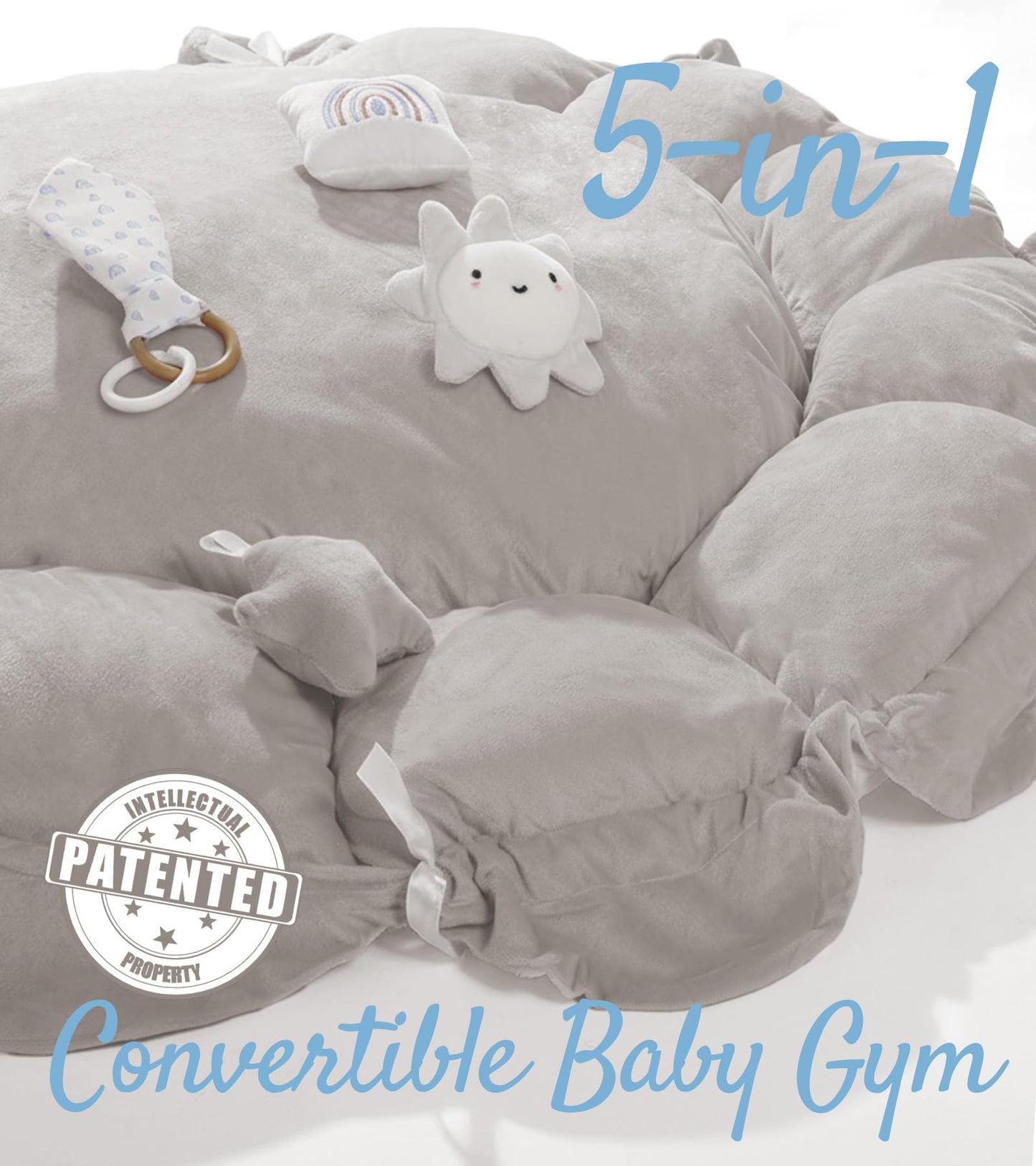 5-in-1 Thick & Plush Baby Play Gym, Baby Play Mats for Floor, Tummy Time Mat with 6 Toys, Convertible Stage-Based Developmental from Babies to Toddlers, Ball Pit, Pet Cushion Cloudico, Grey