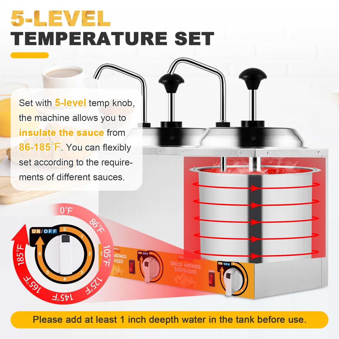 Saladulce Nacho Cheese Dispenser Warmer 5.3Qt Electric Cheese Pump with 9 Stickers&Cleaning Kits, Insulated Dispenser Pump for Cheese Fudge Caramel 86-185℉ 110V
