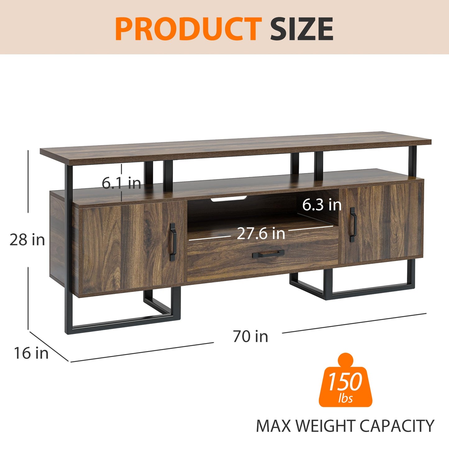 IDEALHOUSE 70 inch TV Stand for TVs up to 75", Industrial Entertainment Center with Storage Drawer and Open Shelves, TV Console Media Cabinet for Living Room, Bedroom, Rustic Brown