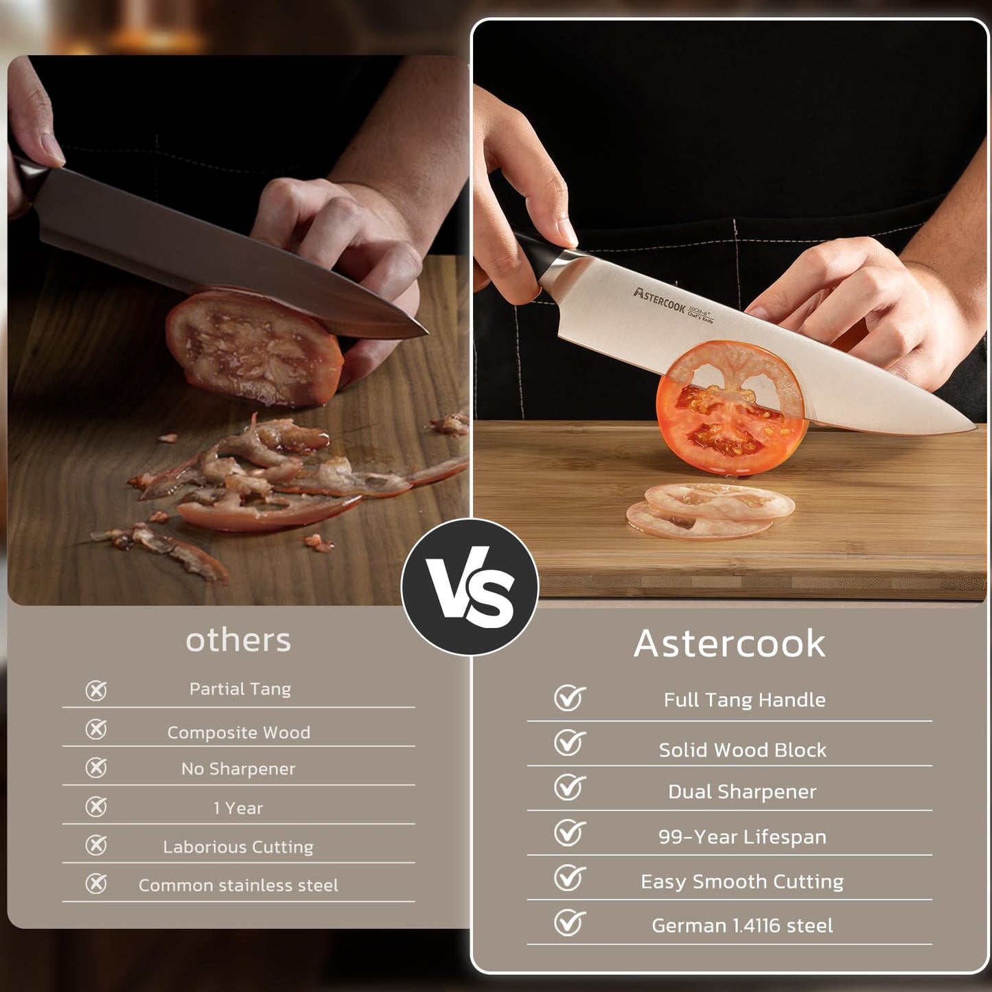 Astercook Knife Set, Kitchen Knives Set with Block and Sharpener Full Tang 17 Pcs German Stainless Steel Knives Sharp Blade Dishwasher Safe Premium Knife Set with Anti-slip Ergonomic Handle, Black