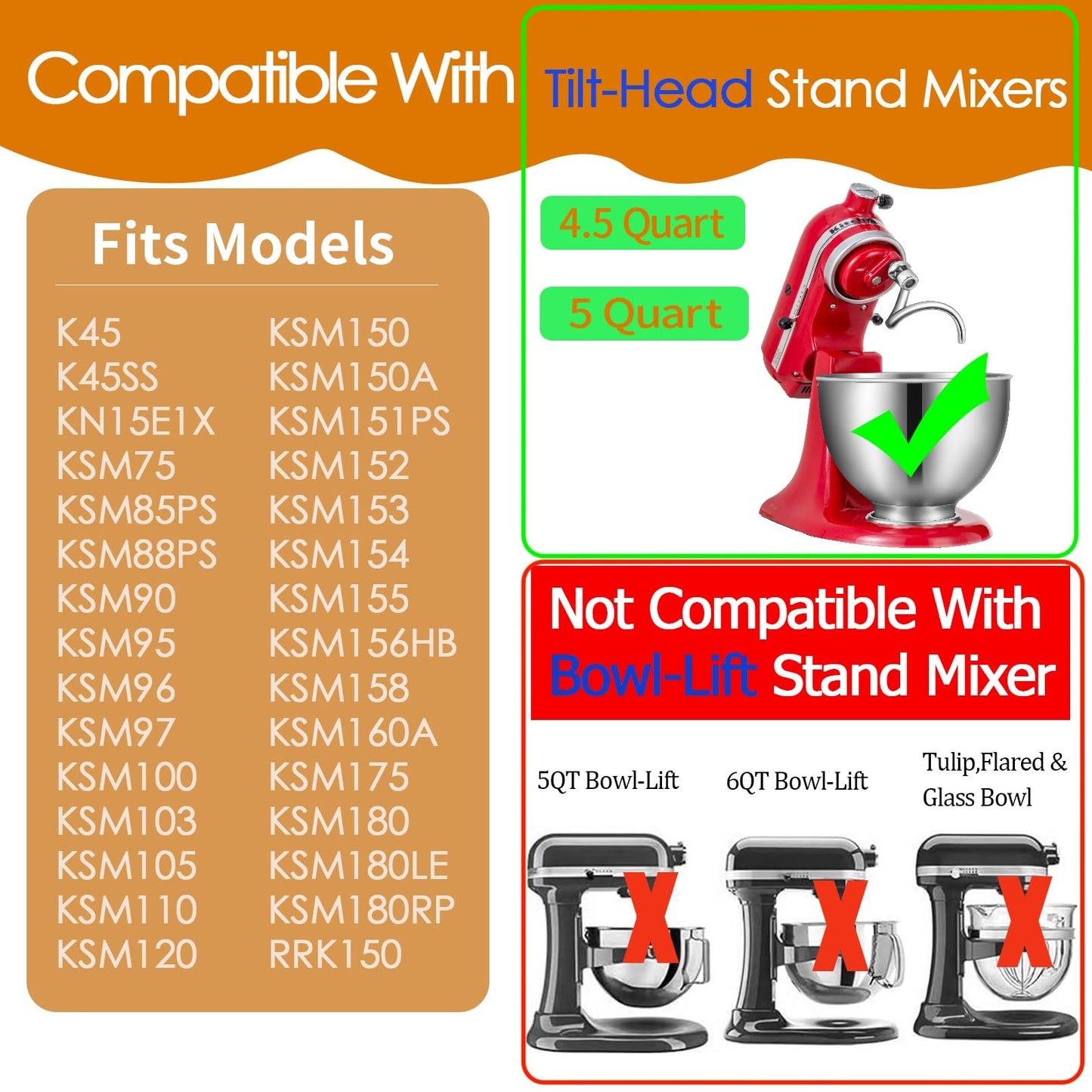 Stainless Steel Spiral Dough Hook Replacement for KitchenAid 4.5-5 Qt. Tilt-Head Stand Mixers.Accessories Compatible for Kitchen Aid K45, K45SS, KN15E1X, KSM75, KSM85PS, KSM88PSQ, KSM90 etc.