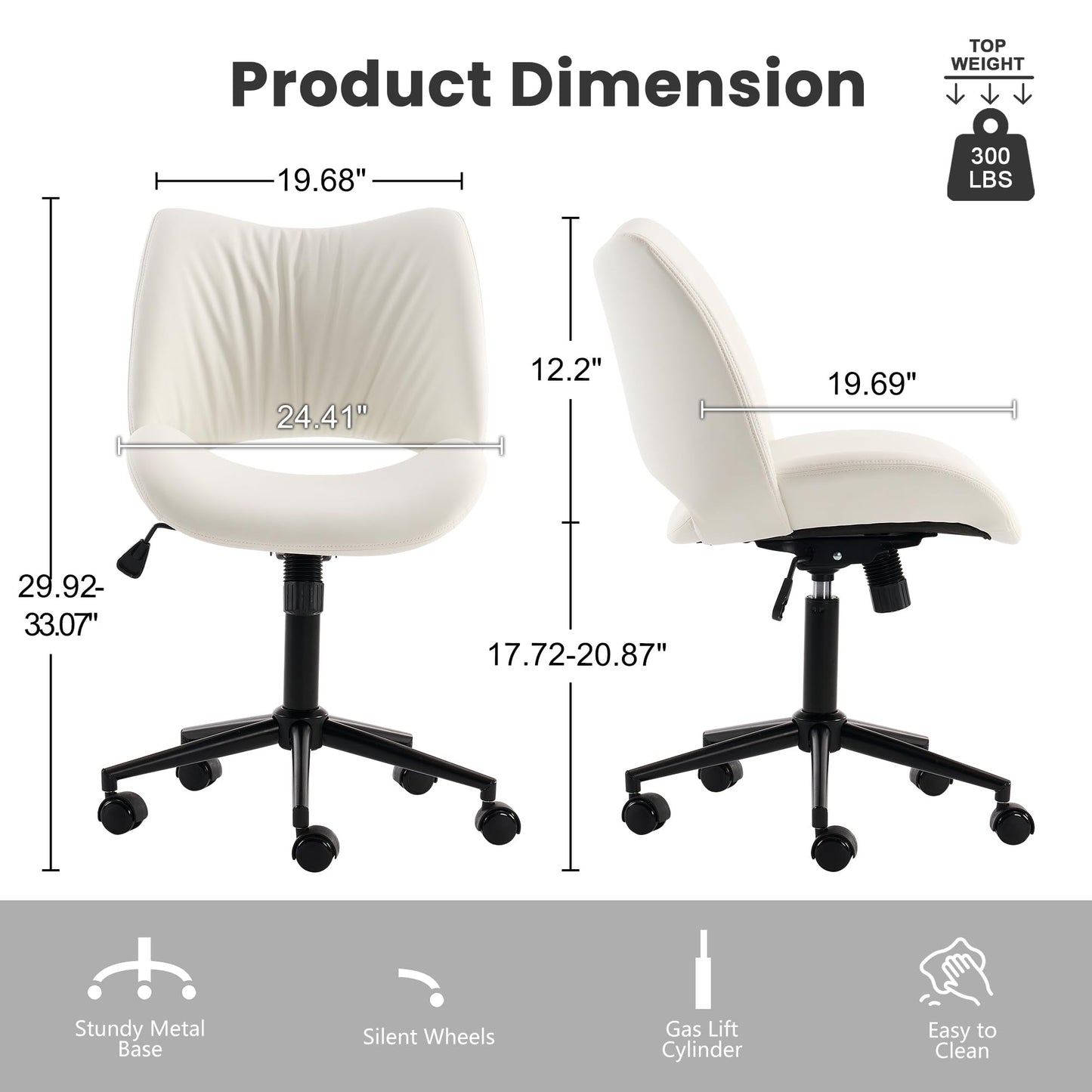 ROHASID Armless Desk Chair, Comfy Armless Office Chair with Wheels, Height Adjustable Faux Leather Desk Chairs for Office, Swivel Vanity Chair with Back for Bedroom, Reading Nook, White