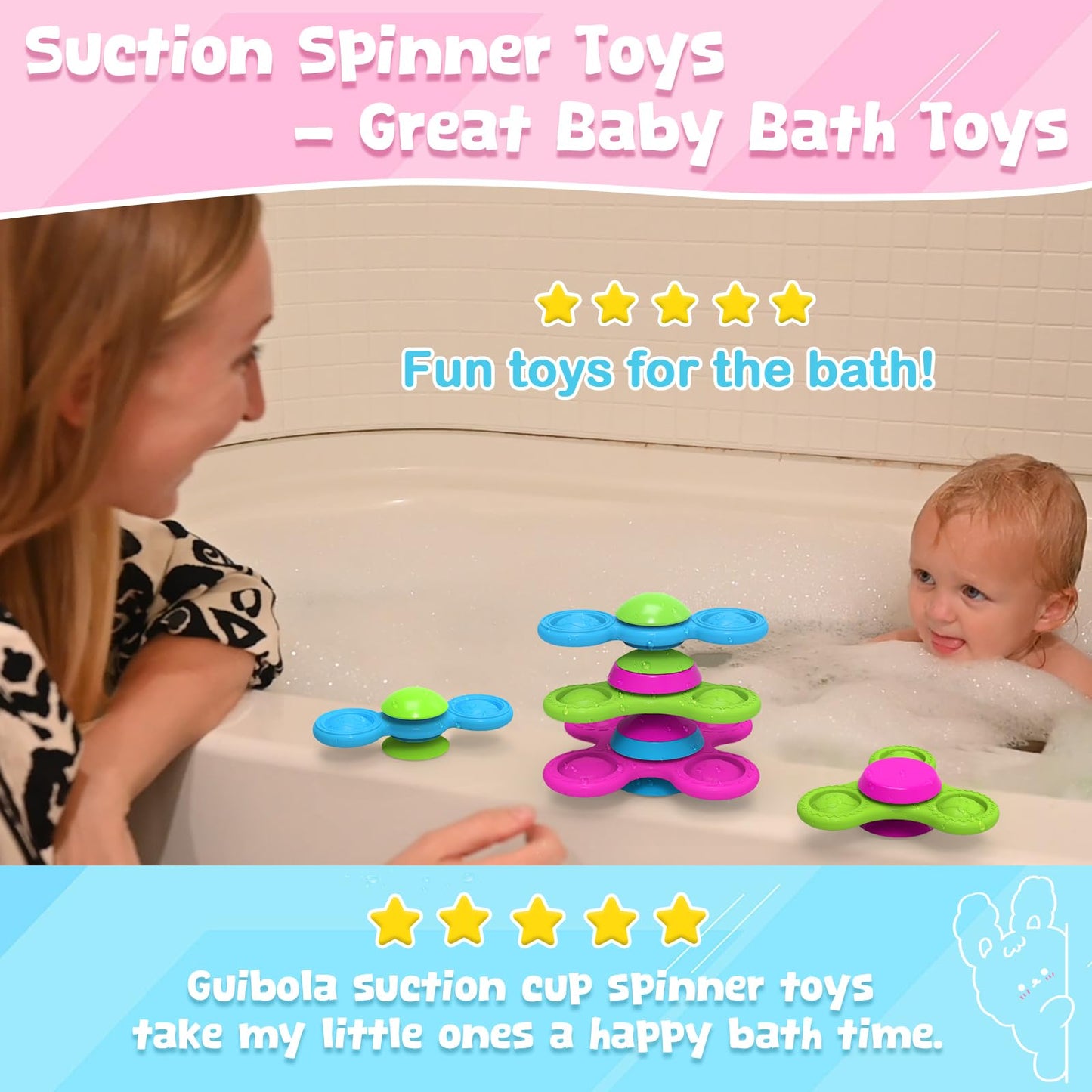 Guibola Spinner Toys for Babies, 3PCS | Suction Cup Spinner Toy for 1 2 Year Old Boys Girls | Suction Spinners Baby | Baby Toys 12-18 Months | Sensory Toy for Toddlers 1-3 (Cute Animals)