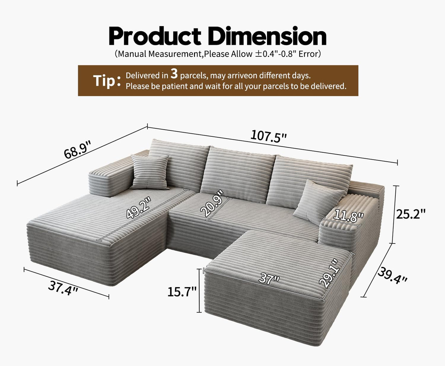 107.5" Cloud Modular Sectional Couch with 1 Ottoman,Modern Minimalist Upholstered Couches, Comfort U Shaped Sofa for Living Room,Deep Seat Corner Couch,No Assembly Required (Grey,Left Facing Chaise)