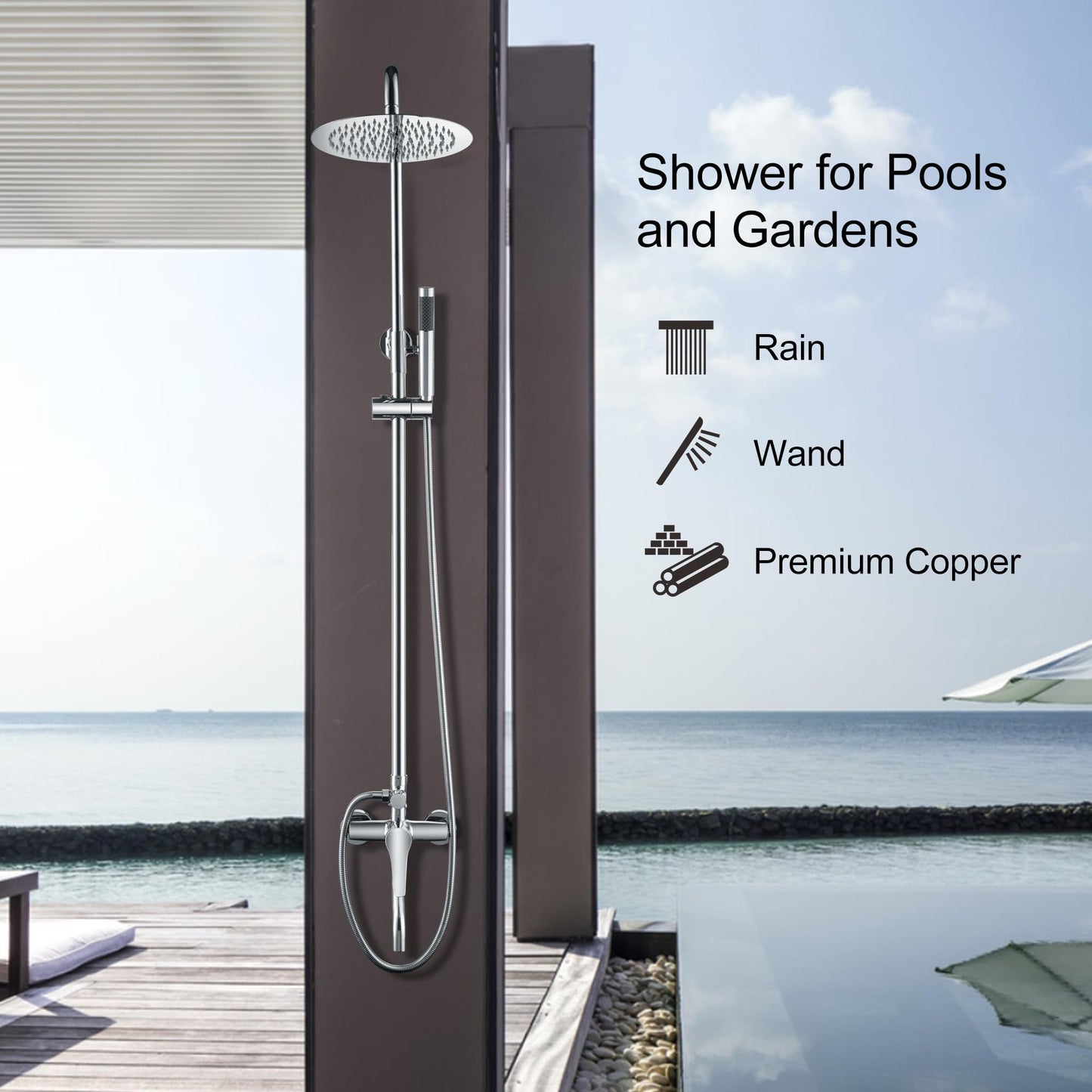 Outdoor Shower Fixtures - Total Complete Shower Kit, Chrome Finish with SS304 Handheld High Pressure Shower Head, 3-Functions