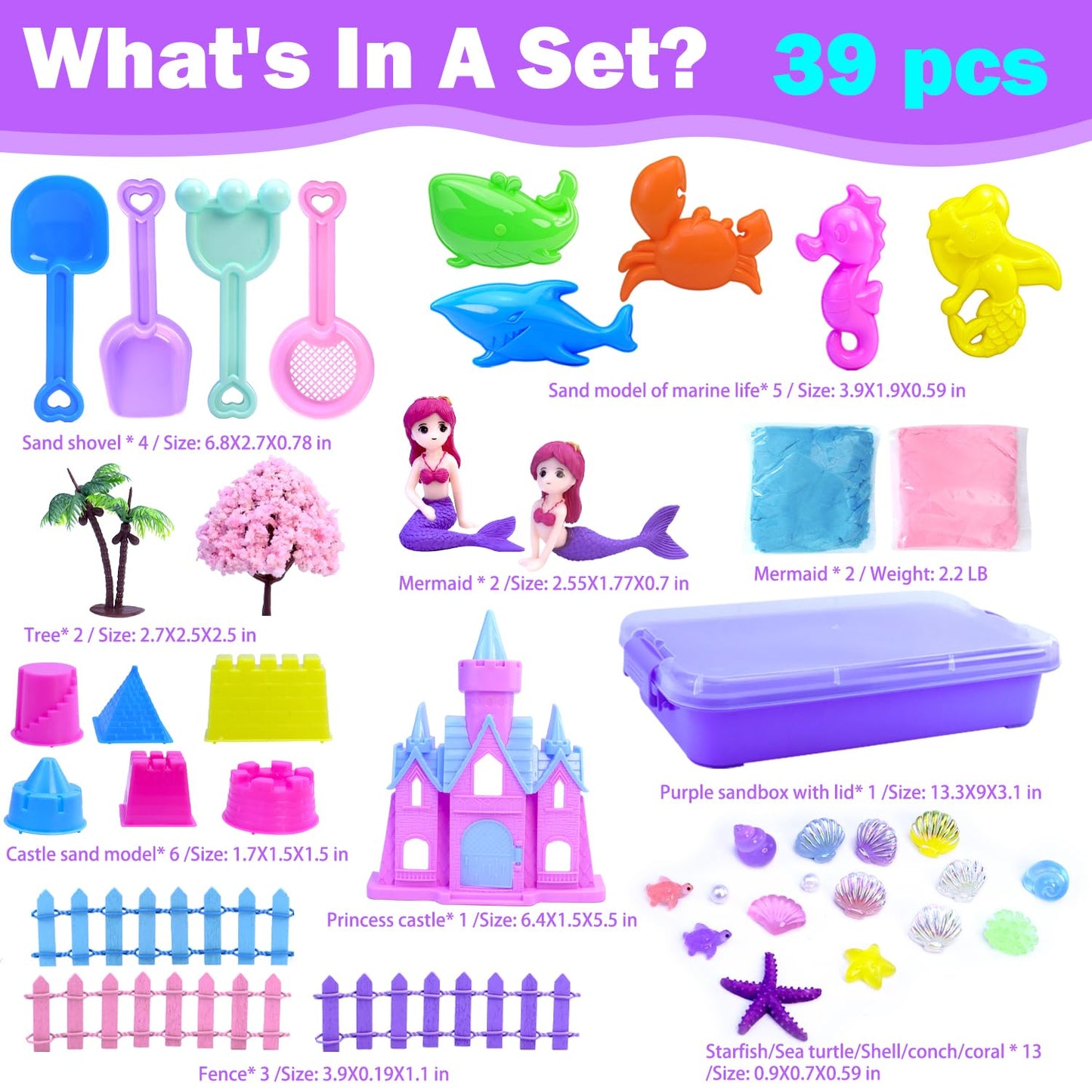 Mermaid Sensory Bin,Play Sand Art Kinetic Sand Play set Fine Motor Skills Montessori Sand Toys with 2.2 lbs Sand & Castle Molds & Sand Shovel Tools,Ocean Theme Educational Toys for aged 3-8 Girls