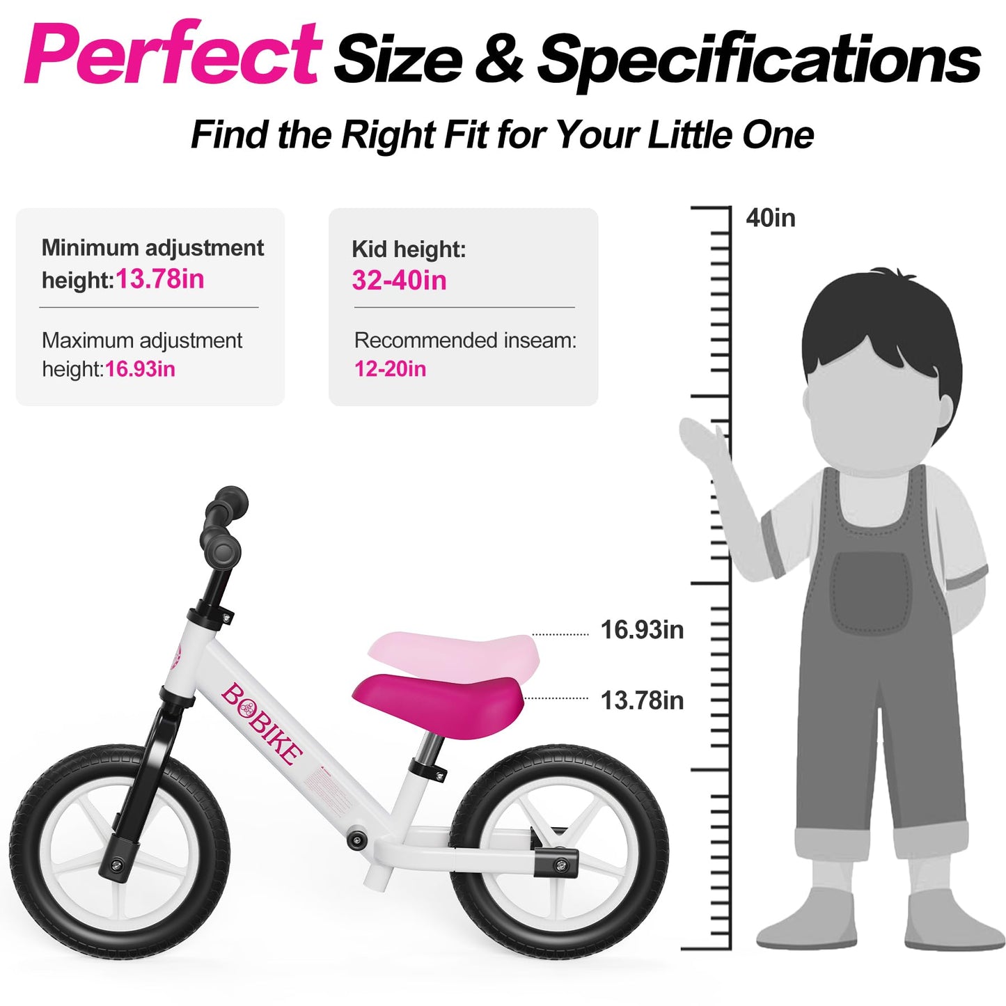 Bobike Toddler Balance Bike, Balance Bike with Footrest for Ages 2-5, Adjustable Seat & Handlebar, No-Pedal Training Bicycle, Gift for Boys and Girls (White)