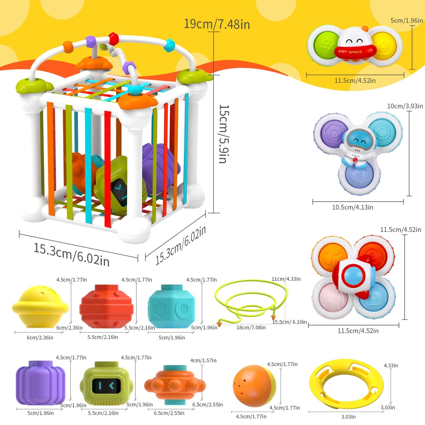 Fyxttalor Montessori Toys for Toddlers 18 Months+, 16PCS Baby Activity Cube with Shape Sorter, 3 Suction Cup Spinner Toys, 2 Bead Mazes, Ball Rolling Track, Developmental Learning Gifts for Boys Girls