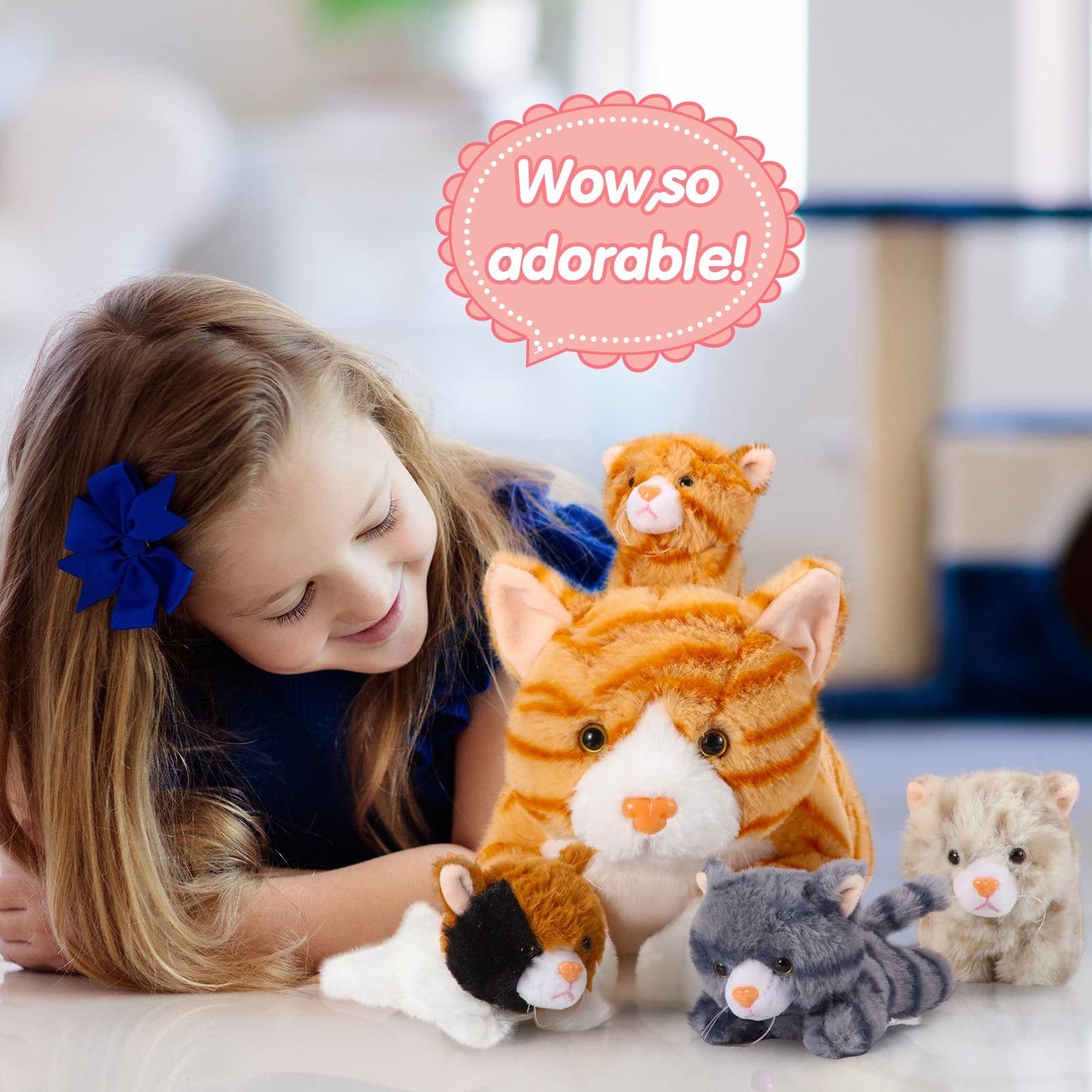 Skylety 5 Pieces Cat Stuffed Animal with Babies Inside Belly Plush Cat Pregnant Mommy Kitty with 4 Cute Fluffy Stuffed Kittens Christmas Birthday Surprise Gifts(Orange)