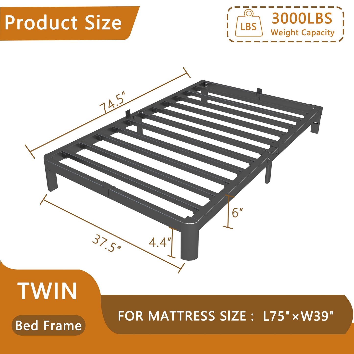 HQU 6 Inch Twin Size Bed Frame with Metal Gaskets, No Box Spring Needed, DIY Headboard, Heavy Duty Steel Slat Support, Anti-Slip Mattress Stopper, Round Corner Leg, Easy Assembly, Black