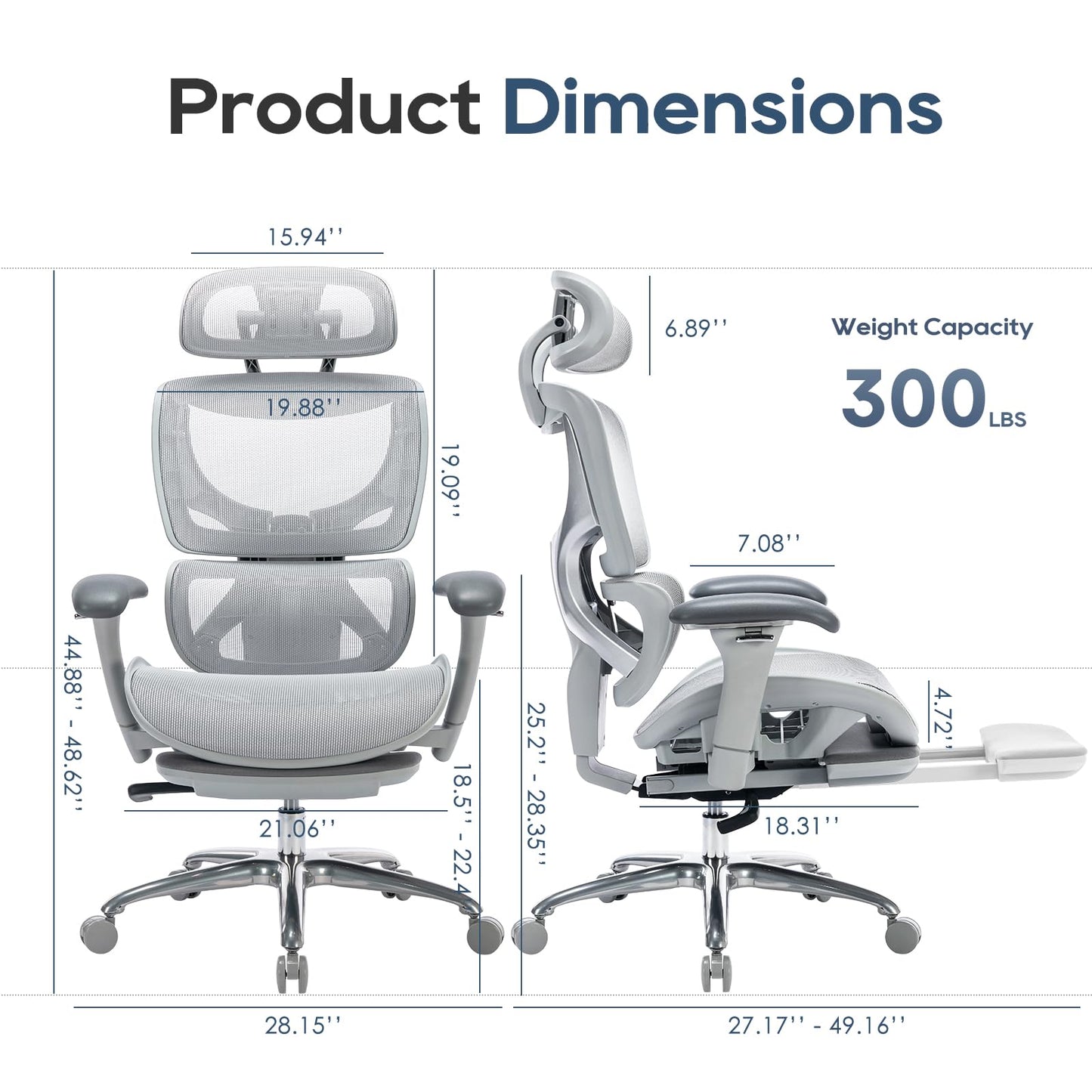 COLAMY Ergonomic Mesh Office Chair, High Back Desk Chair with Footrest, Adjustable Headrest and 3D Arms, Fixed Tilt Lock, Lumbar Support, Breathable Mesh Computer Chair for Home Office - Grey