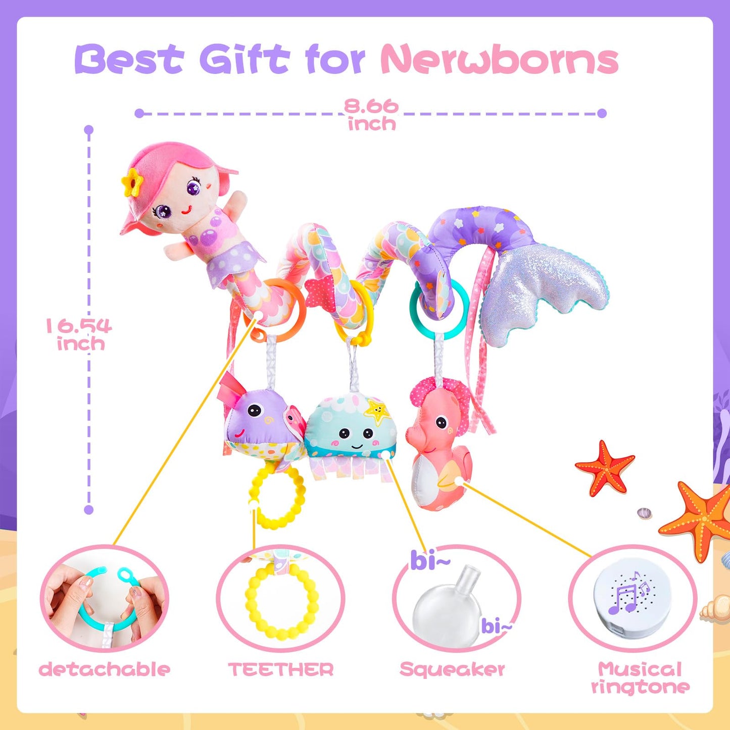 Koty Carseat Toys Hanging, Pink Mermaid Stroller Toys for Babies 0-6 Months, Baby Car Seat Toy with Crinkle, Teether, Music Box, Rattle, BB Squeaker for Babies Boys Girls Gifts (Pink Mermaid)