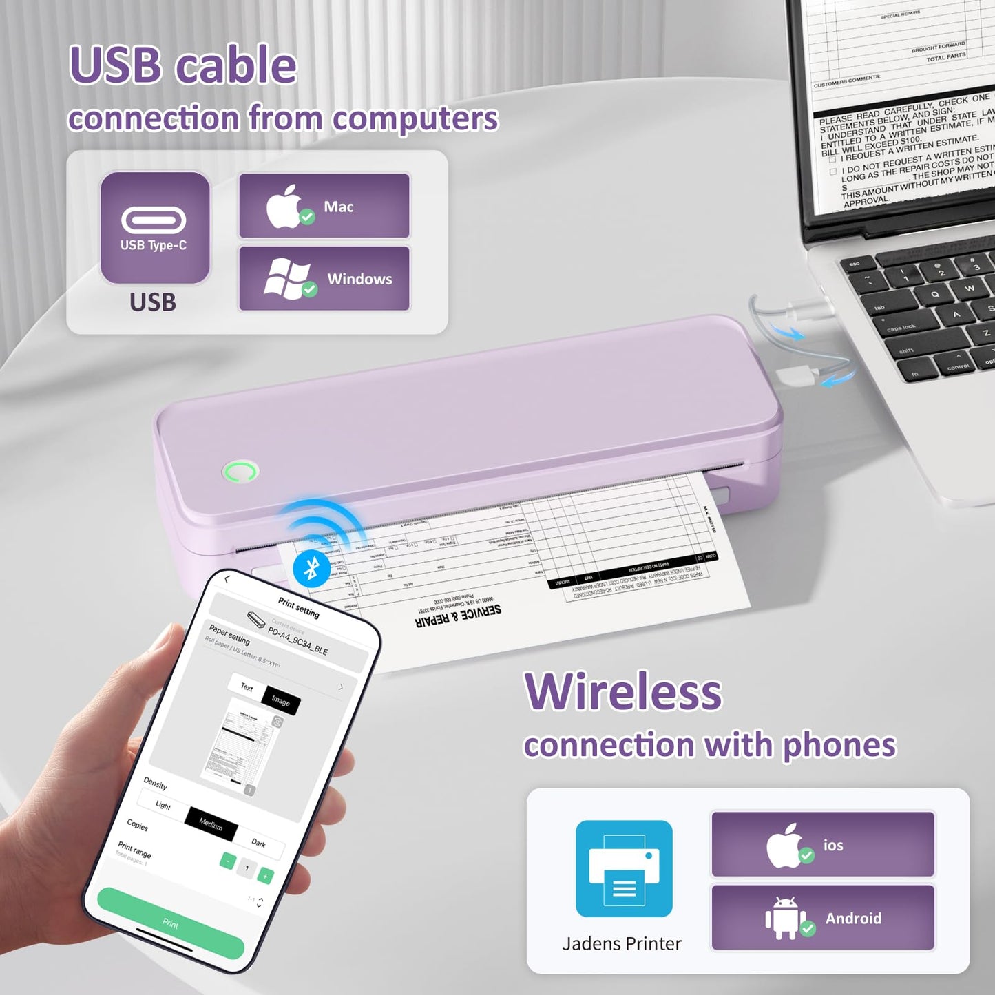 Gloryang Inkless Portable Printer for Travel, Wireless Thermal Printer Supports 8.5 x 11 Inch US Letter Size, Bluetooth Machine Includes Carry Case and 3 Rolls of Thermal Paper Kit, Purple