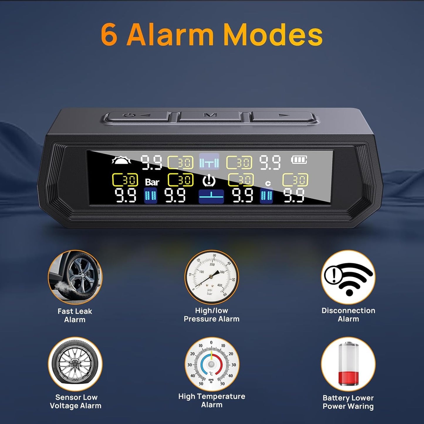 EKNBKE RV Tire Pressure Monitoring System,0-9.9 BAR,144 PSI Tire Pressure Monitor System with Solar Charge, TPMS with 6 Sensors&6 Alarm Modes (6 Sensor-Black)