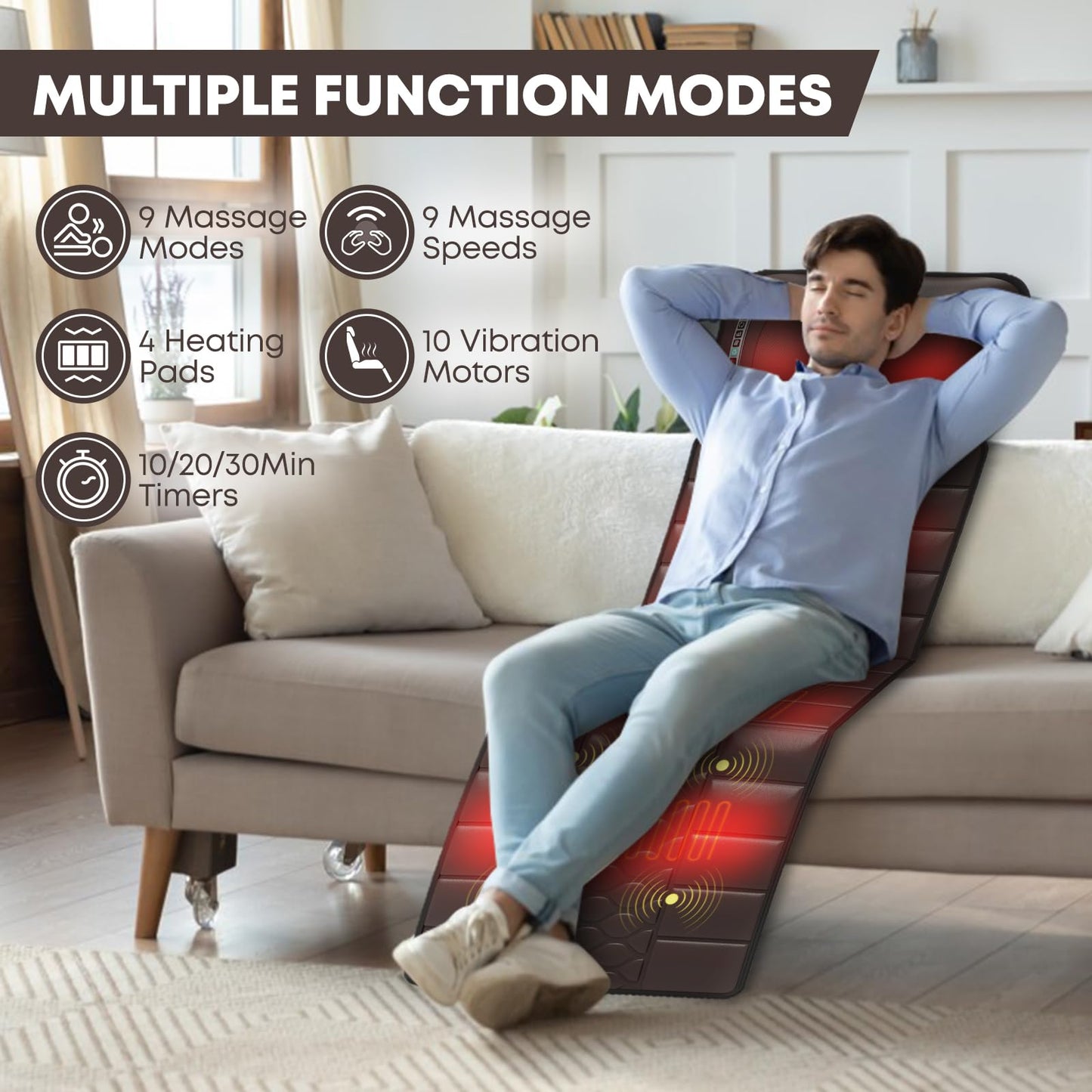 DOPICT Massage-Mat, Detachable Neck Massager, Full Body Vibration Heating, Massage Pad with 10 Vibrating Motors and 9 Speed Settings for Home Office Use, Brown