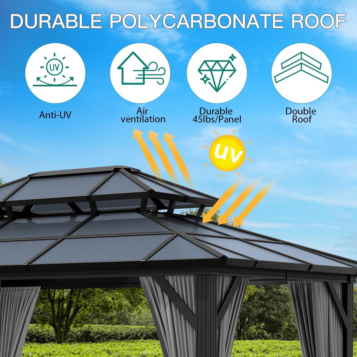 13'x10' Hardtop Gazebo, Heavy Duty Aluminum Permanent Hardtop Gazebo Outdoor Pavilion with Curtains and Netting for Garden (Gray, PC Top / 13'x10')