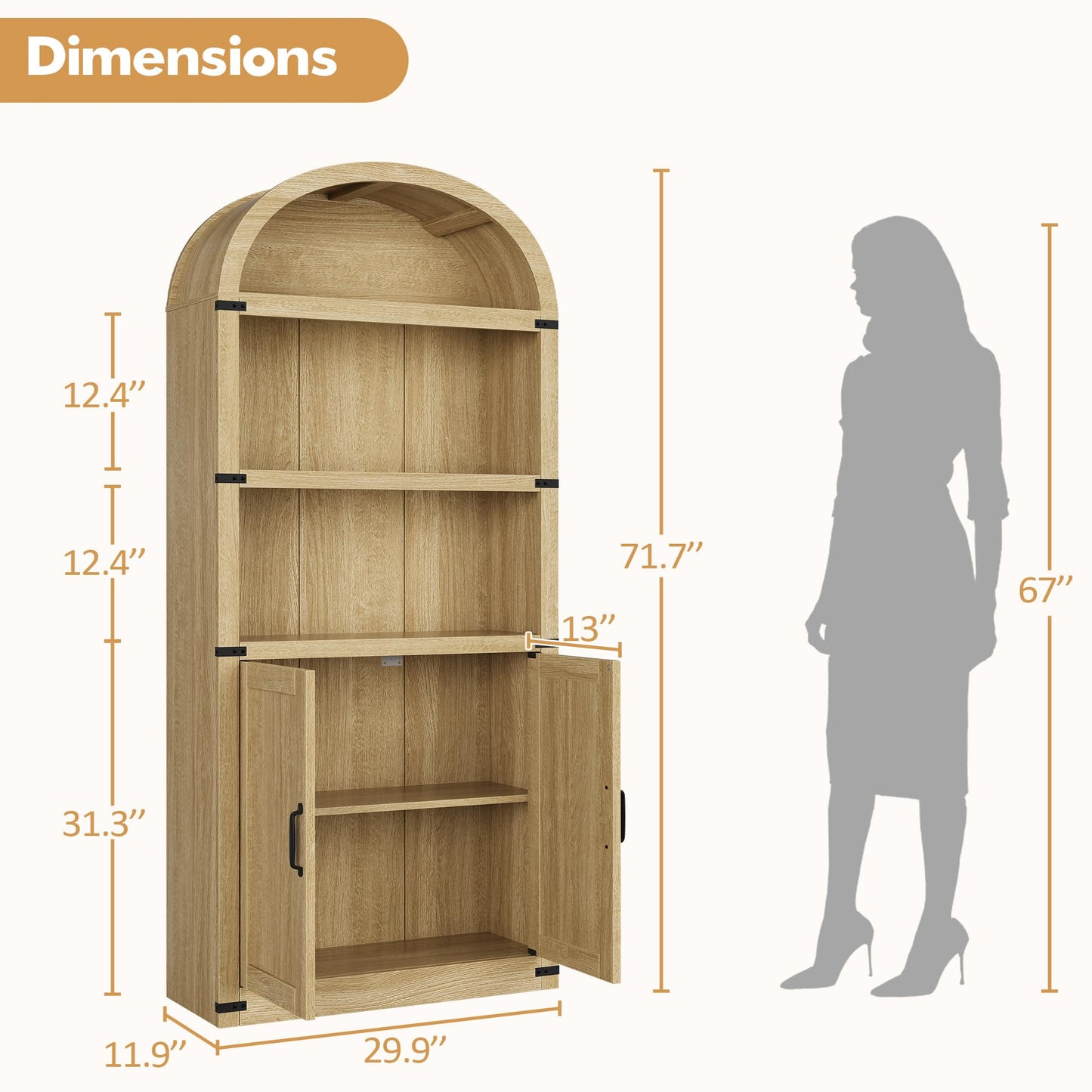 GarveeHome Bookcase with Doors Arched Bookshelf 71.65 in Tall Bookcase Farmhouse Cabinet with Shelves Wooden Bookshelves for Home Office, Living Room (Light Oak)