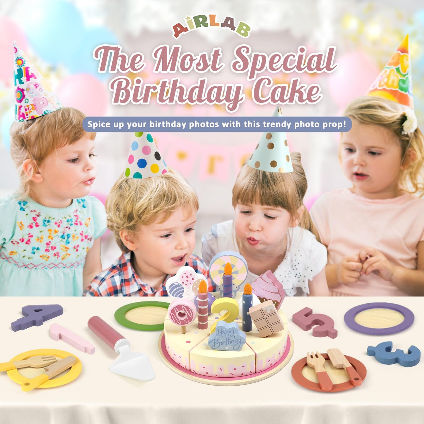 Wooden Birthday Party Cake Play Food Sets for Toddler 2 3 4 5 Year Old Girls Boys Kids Kitchen Accessories Pretend Play Toy Gift Educational Toys