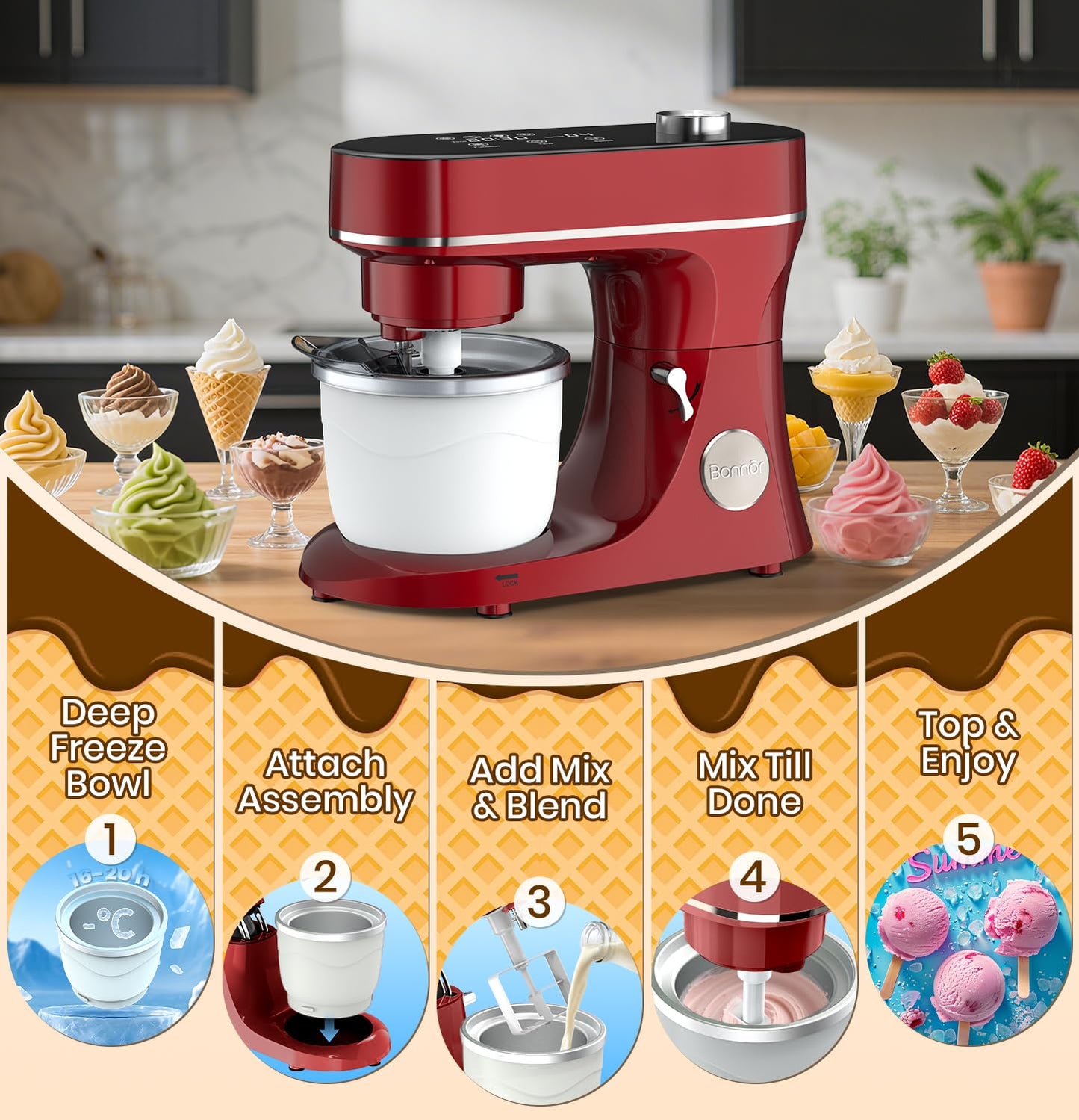 Bonnor Stand Mixer Set, 6QT Kitchen Mixer with LED Touchscreen, 11-Speed Tilt-Head Mixer with Timer, 4 Preset Menus, Stainless Steel Bowl, Hook, Whisk, Beater,Plus 2QT Ice Cream Maker Attachment,Red
