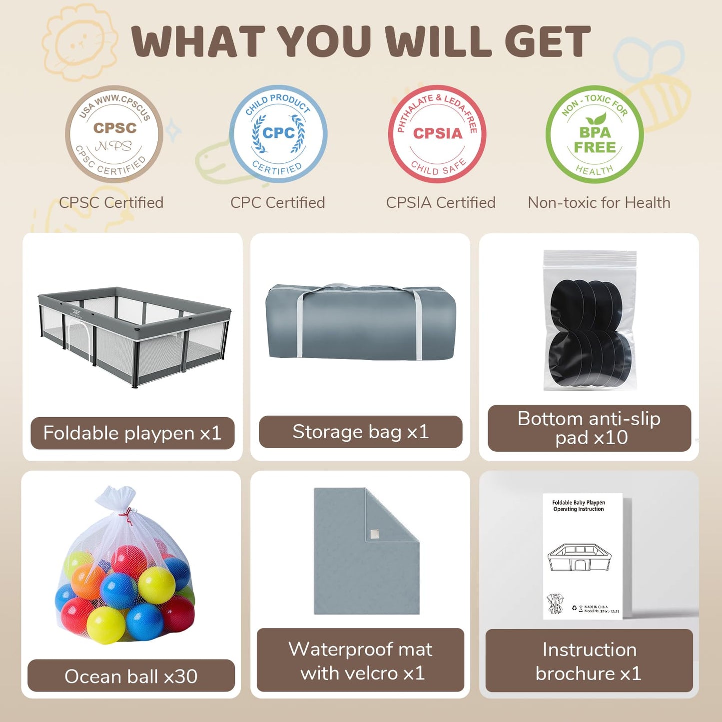 Foldable Baby Playpen with Mat - 74"X50" Large Play Yard for Babies and Toddlers - Indoor & Outdoor Portable Playpen with Storage Bag & 30 Ocean Ball - Baby Fence with Visible Mesh & Zipper Door,Grey