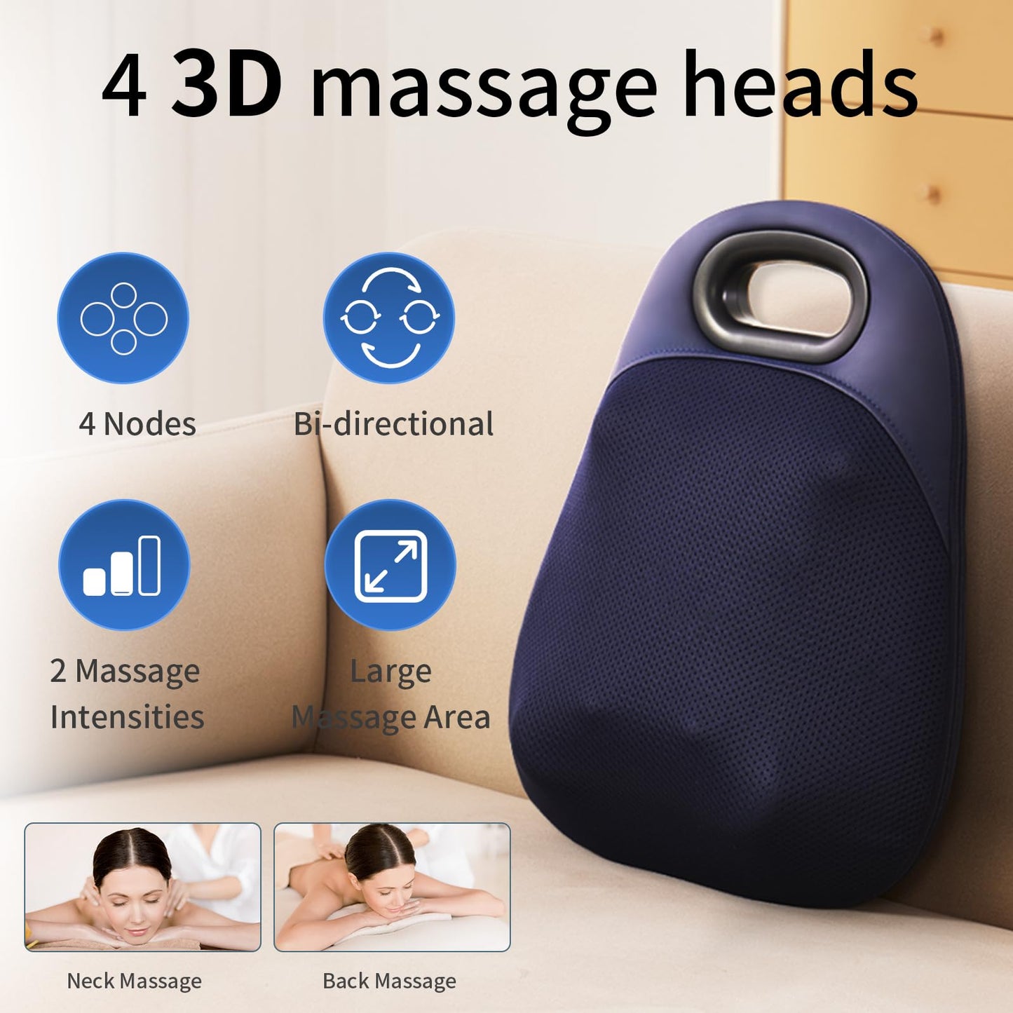 Shiatsu Neck and Back Massager,with Heating and Bidirectional Rotation Heads,4D Electric Massage Pillow with 4 Nodes,Neck Back Shoulder Foot Pain Relief, Portable & Rechargeable, Holiday Gift