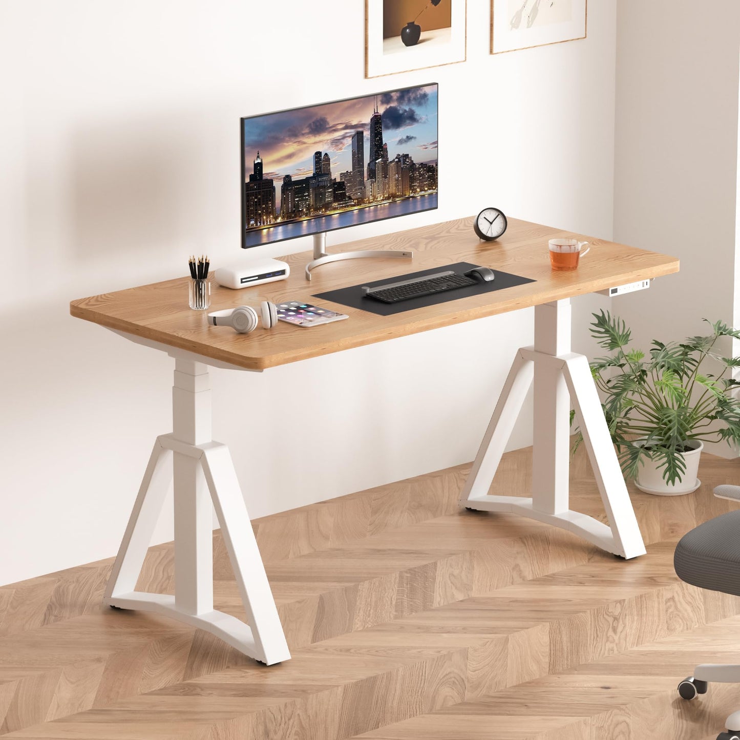 Fromann Electric Height Adjustable Sitting Standing Desk Frame Dual Motors 3 Stages Sit Stand Desk Base Legs Only (White)