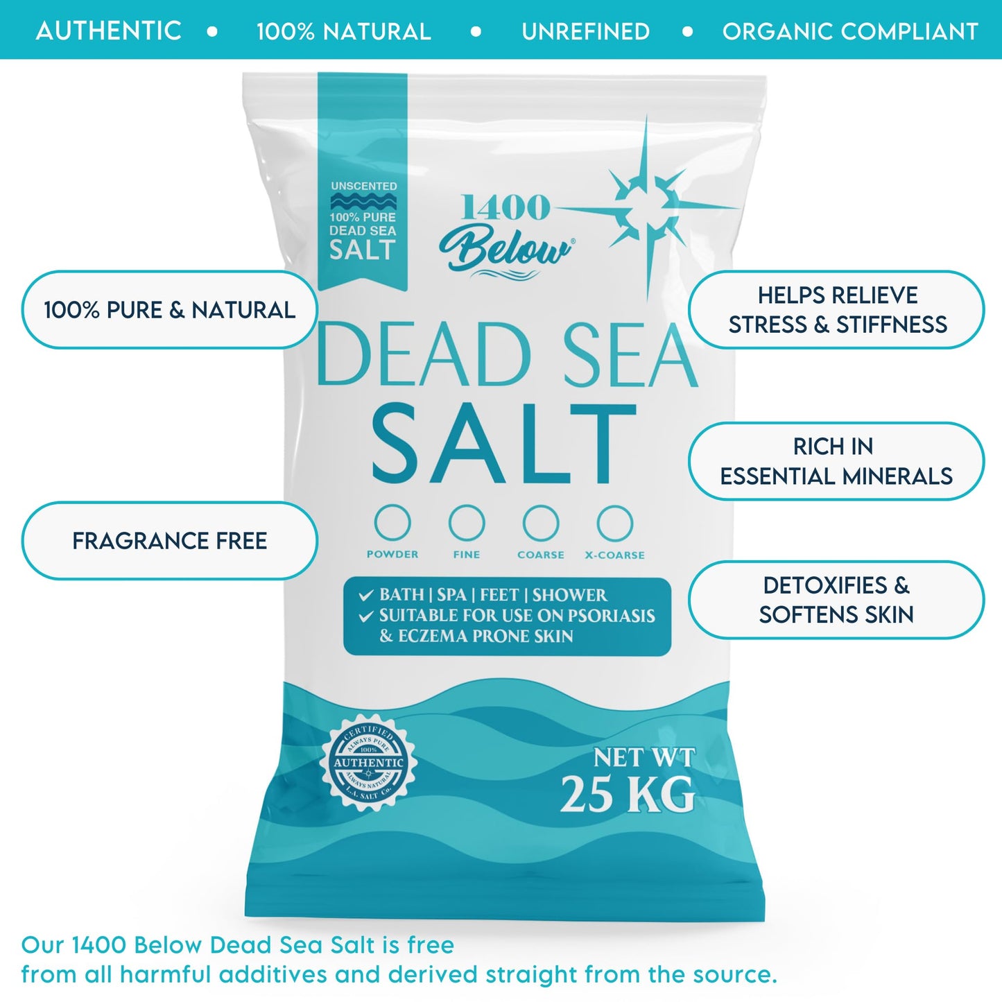 LA Salt Co.'s 100% Pure and Natural Dead Sea Salt Bulk 55 lb Bag, Fine Grain