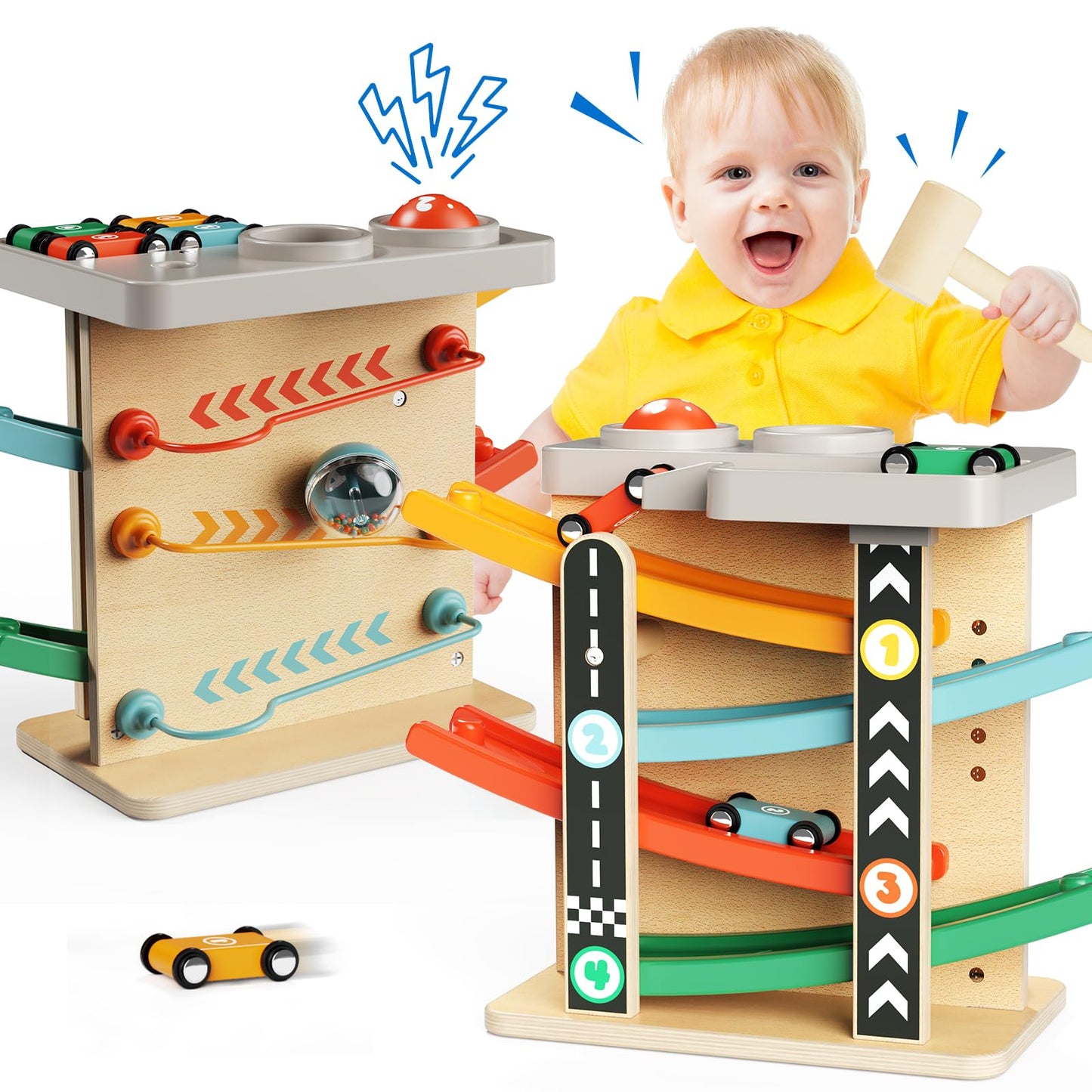 AmazingJoy Wooden Car Ramp Race Track 2-in-1 Pound Ball Toddler Toy Ball Drop Baby Toy Set Gift for 1 2 3 Year Old Boys Girls Montessori Developmental Learning Activity Interactive Birthday Present