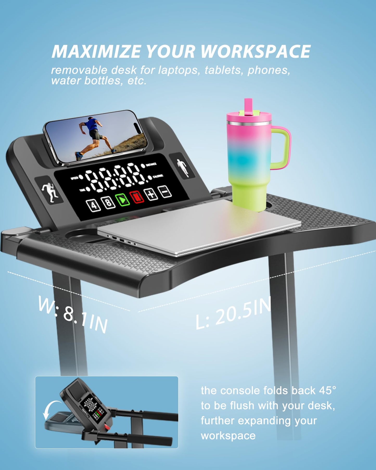 12% Incline Treadmill with Desk Workstation, 8.0MPH/3.5HP Portable Treadmill with Handle, 300LBS Weight Capacity Compact Walking Pads for Home, Small Spaces, Console (with Side Handrail)