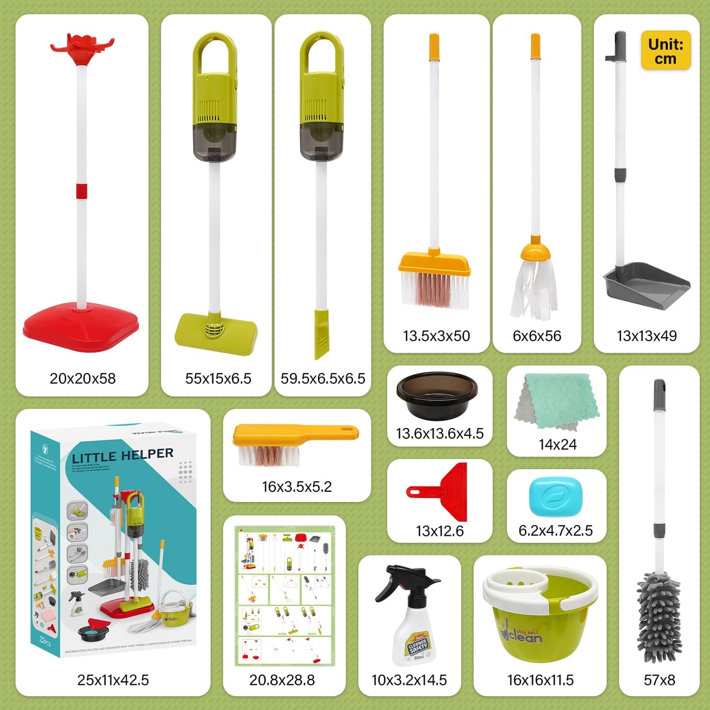 Dreamon Toddler Cleaning Set - 14Pcs Kids Cleaning Toy Set with 2-in-1 Kids Vacuum that Really Works, Pretend Home Cleaning Play Set for Toddler Age 3-7, Christmas Birthday Gift for Girls Boys(Red)