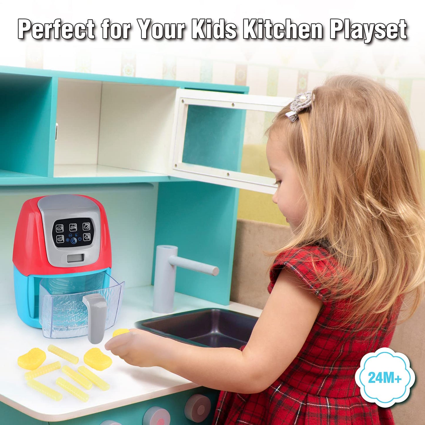 Toy Air Fryer for Kids, Kids Play Kitchen Playset Accessories, Chefs Pretend Kitchen Appliance Toys Oven w/Light, Sound, Play Food Grill Cooking Utensils for Boys Girls Toddlers 2+