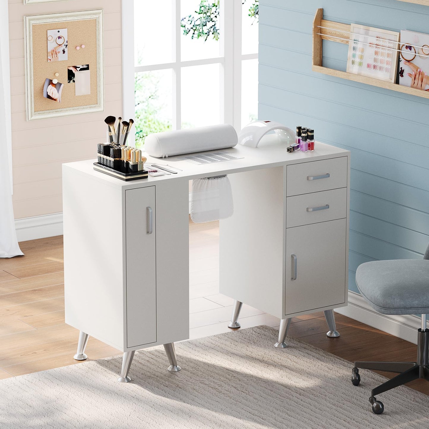 42" Professional Manicure Table for Nail Tech with Electric Dust Collector, Nail Desk with Vertical Pull-Out Locker, 1 Storage Cabinet, 2 Drawers Open Shelves & Wrist Rest for Beauty Salon
